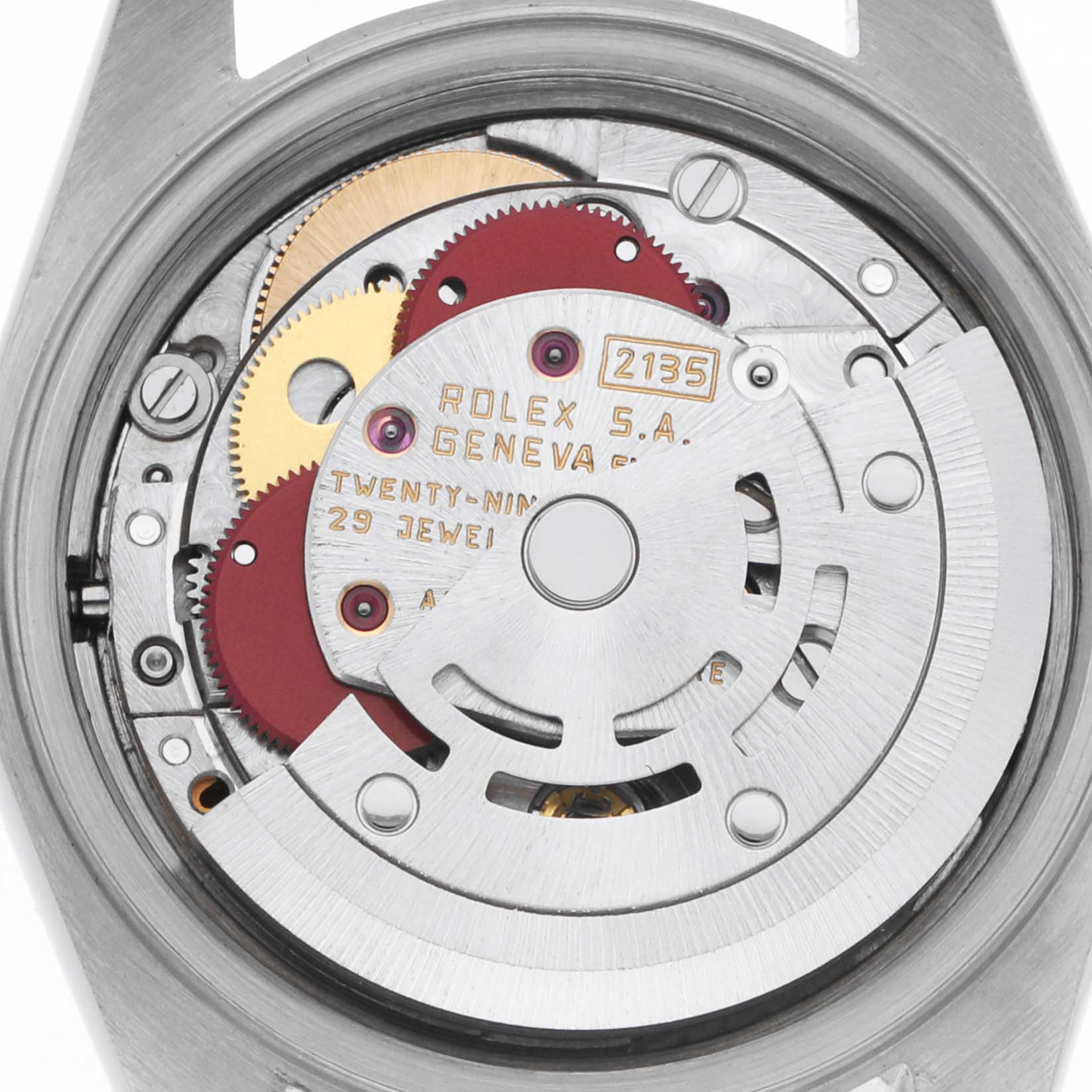 The image shows the movement mechanism of a Rolex Datejust 69173 Women
s Steel and Gold (two tone) White Dial 69173 Women
s Steel and Gold (two tone) White Dial, with gears and inscriptions visible from the back.