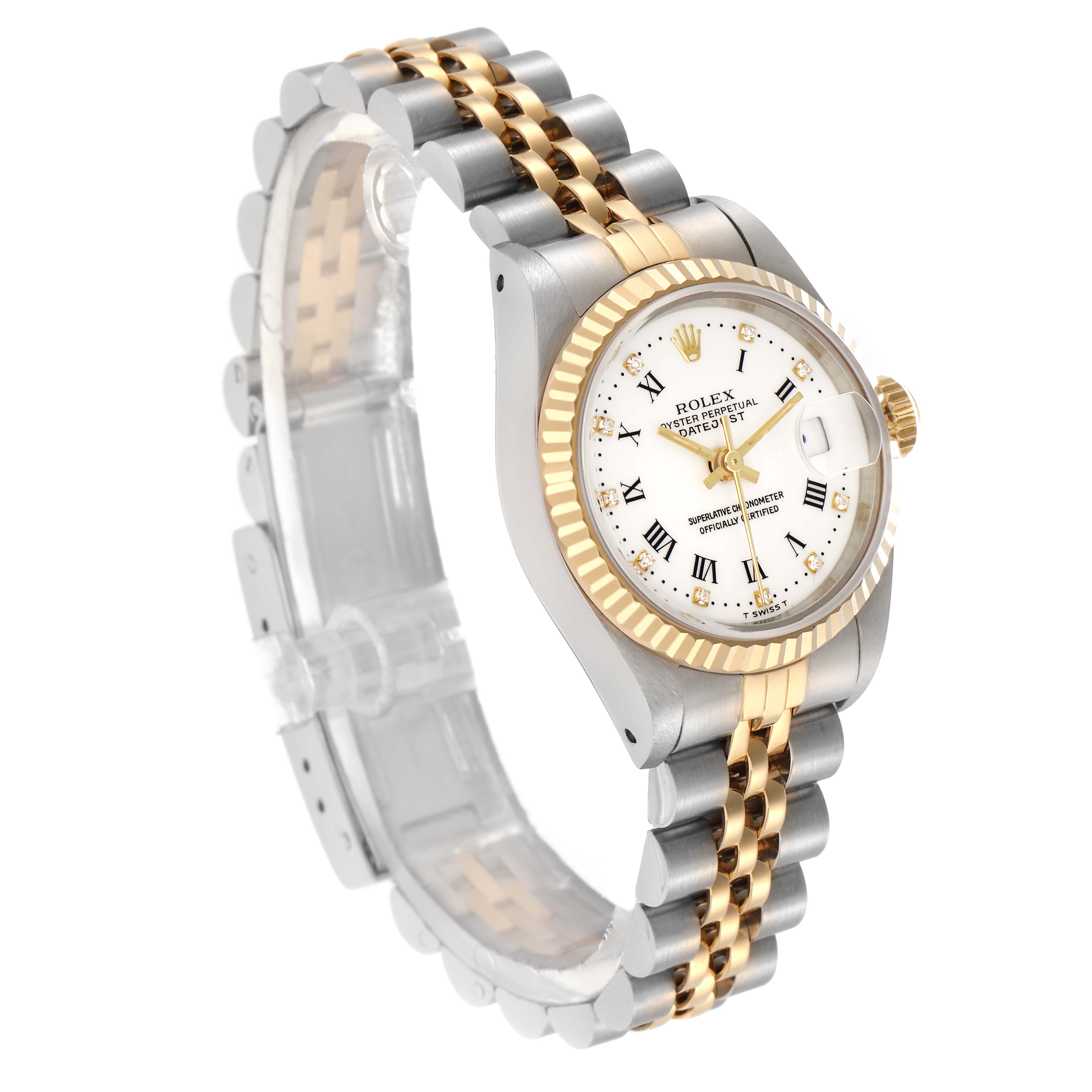 The Rolex Datejust 69173 Women
s Steel and Gold (two tone) White Dial 69173 Women
s Steel and Gold (two tone) White Dial is shown at a three-quarter angle, displaying the face, bezel, and bracelet.