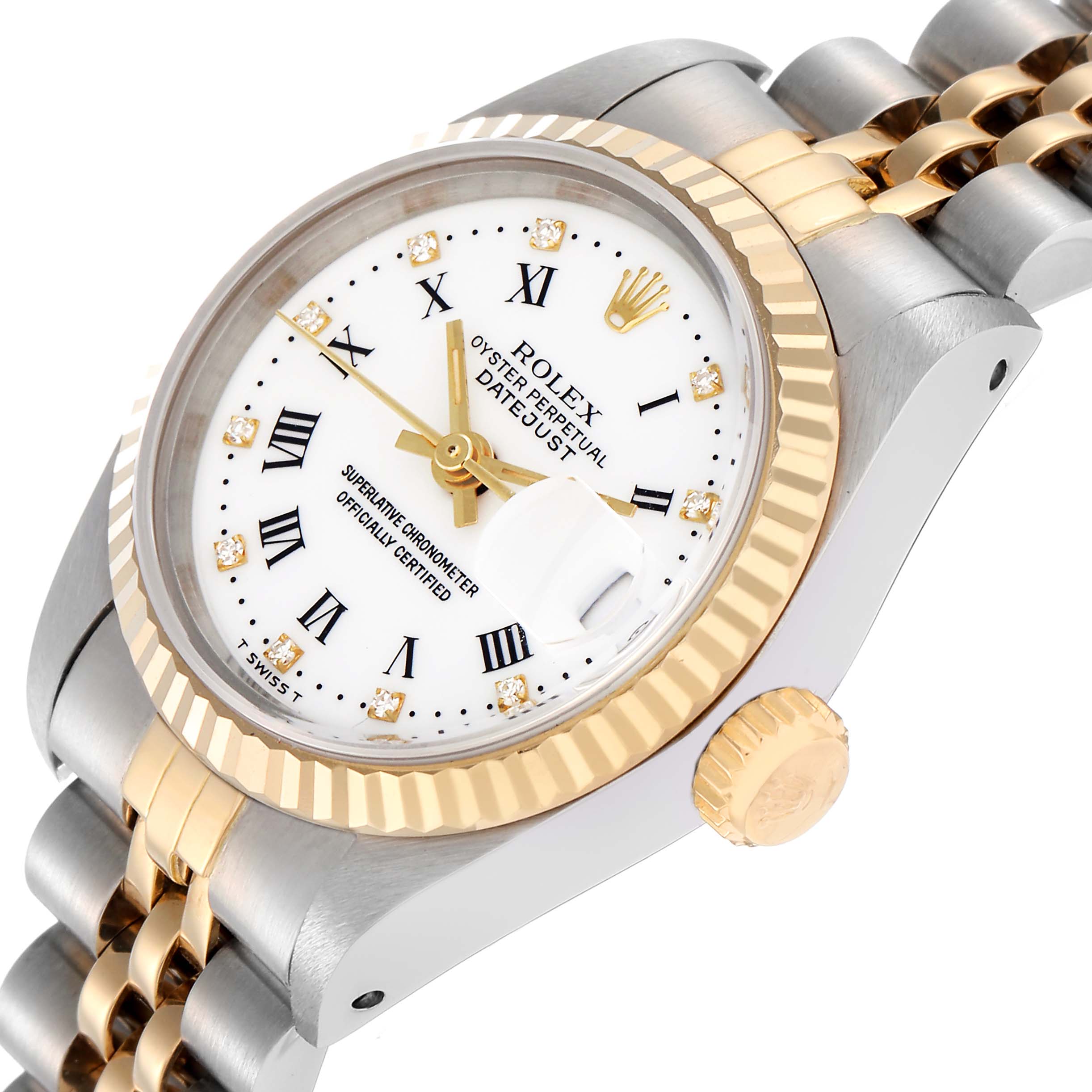 The Rolex Datejust 69173 Women
s Steel and Gold (two tone) White Dial 69173 Women
s Steel and Gold (two tone) White Dial watch is shown at a three-quarter angle, highlighting the face, crown, and two-tone bracelet.