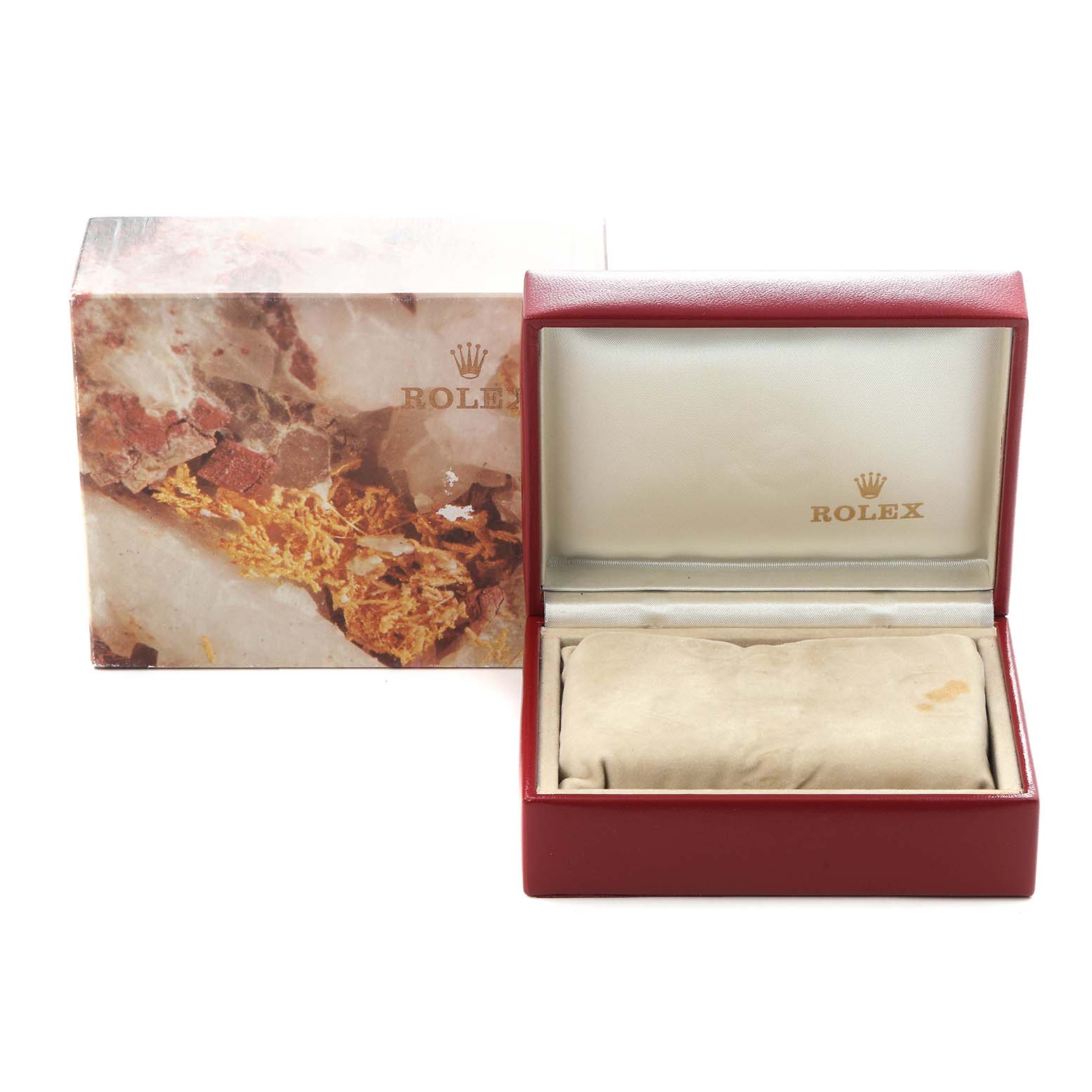 The image shows a Rolex Datejust 69173 Women
s Steel and Gold (two tone) White Dial 69173 Women
s Steel and Gold (two tone) White Dial watch box with an outer decorative box and an empty interior cushion.