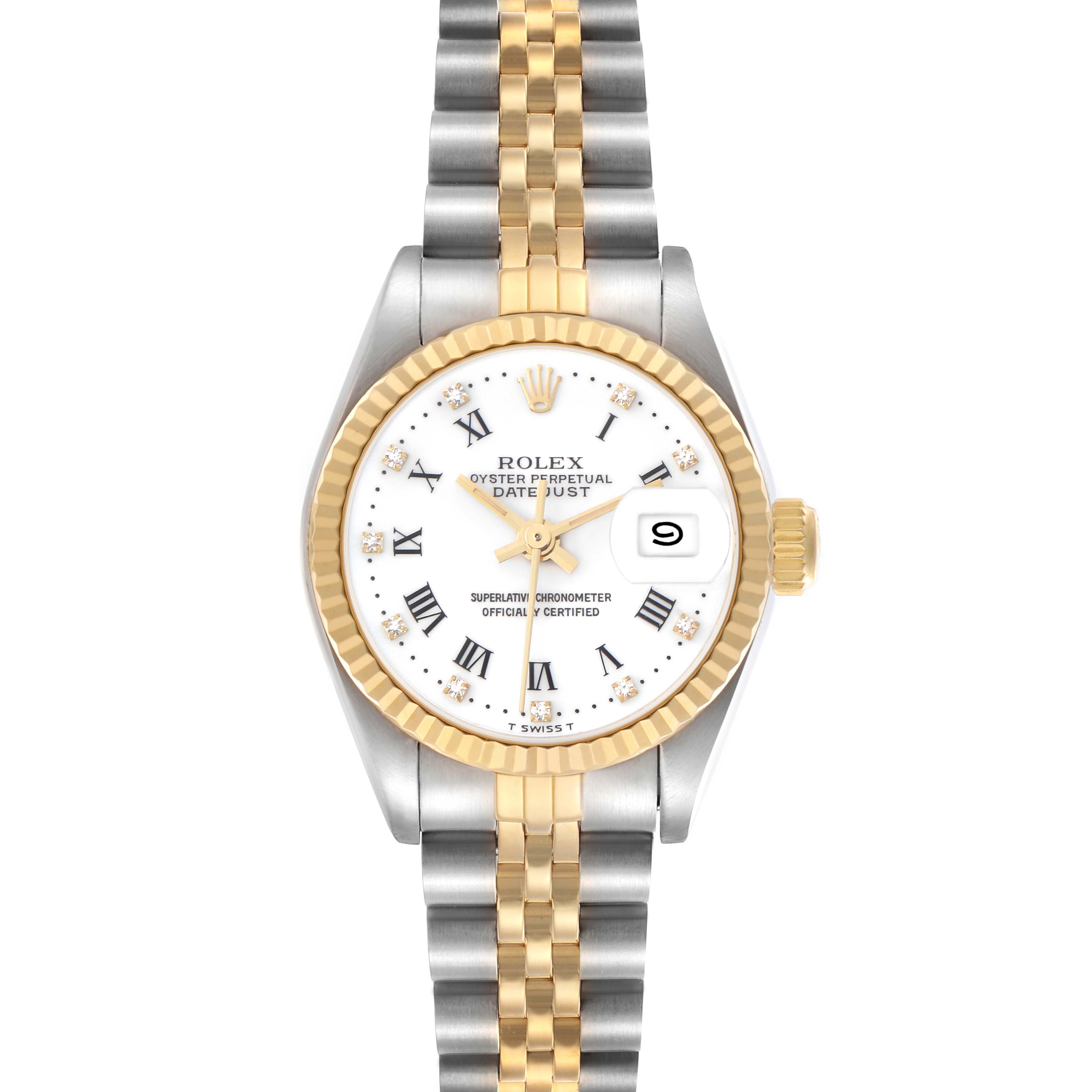 The Rolex Datejust 69173 Women
s Steel and Gold (two tone) White Dial 69173 Women
s Steel and Gold (two tone) White Dial watch is shown from the front, displaying the dial, bezel, bracelet, and crown.