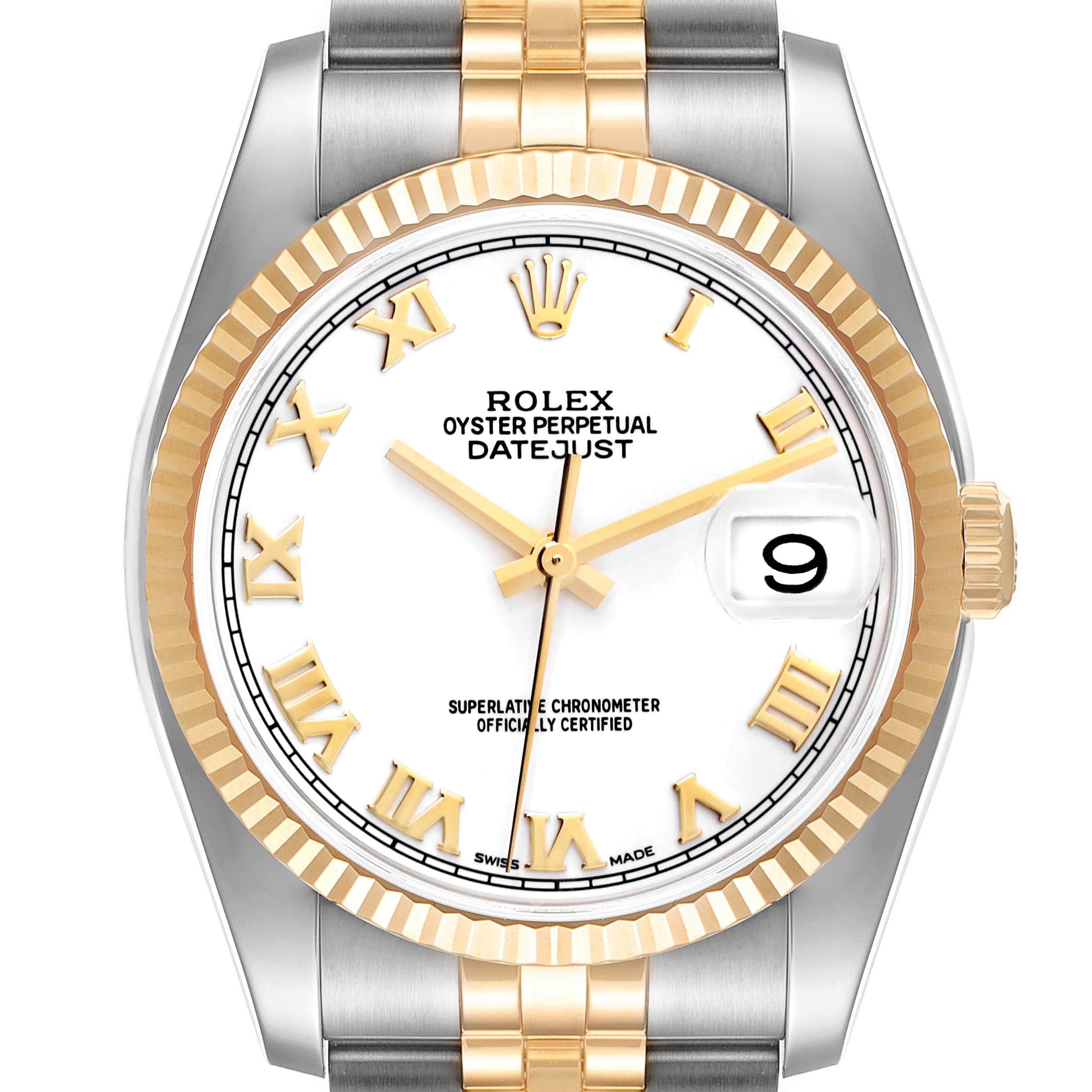 The image shows a front view of a Rolex Datejust 116233 Men's Steel and Gold (two tone) White Dial 116233 Men's Steel and Gold (two tone) White Dial watch, highlighting its dial, hands, bezel, and bracelet.