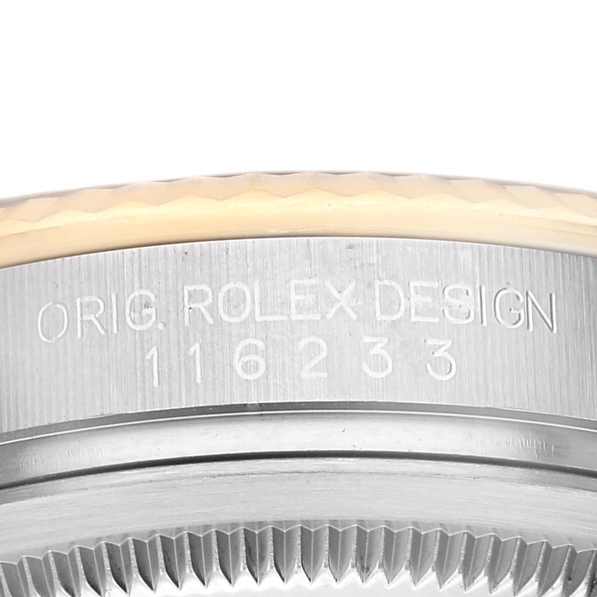 The image shows a close-up of the bezel and case side of the Rolex Datejust 116233 Men's Steel and Gold (two tone) White Dial 116233 Men's Steel and Gold (two tone) White Dial watch, displaying the engraving "ORIG. ROLEX DESIGN 116233."