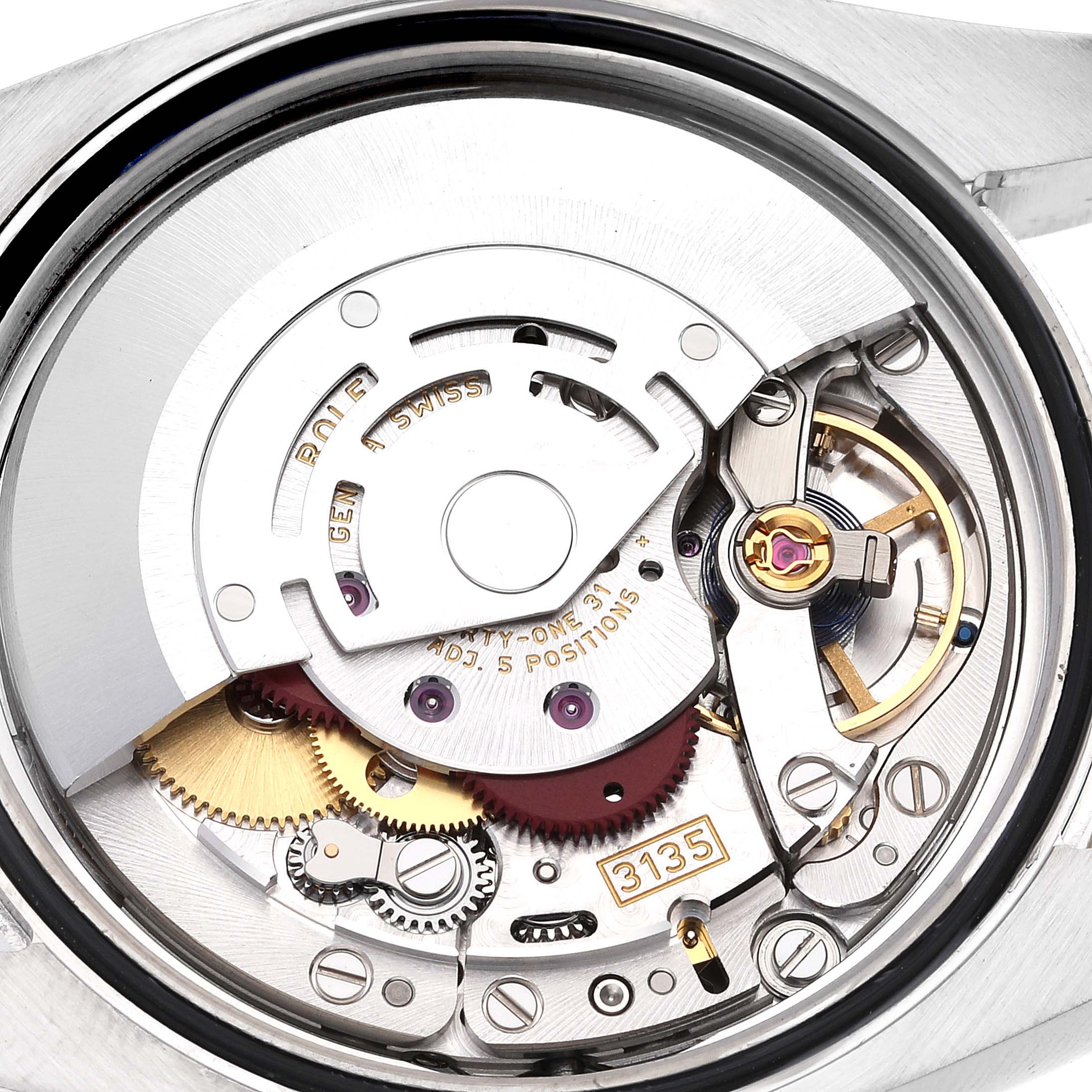 This image shows the back view of a Rolex Datejust 116233 Men's Steel and Gold (two tone) White Dial 116233 Men's Steel and Gold (two tone) White Dial watch, highlighting its intricate movement components.