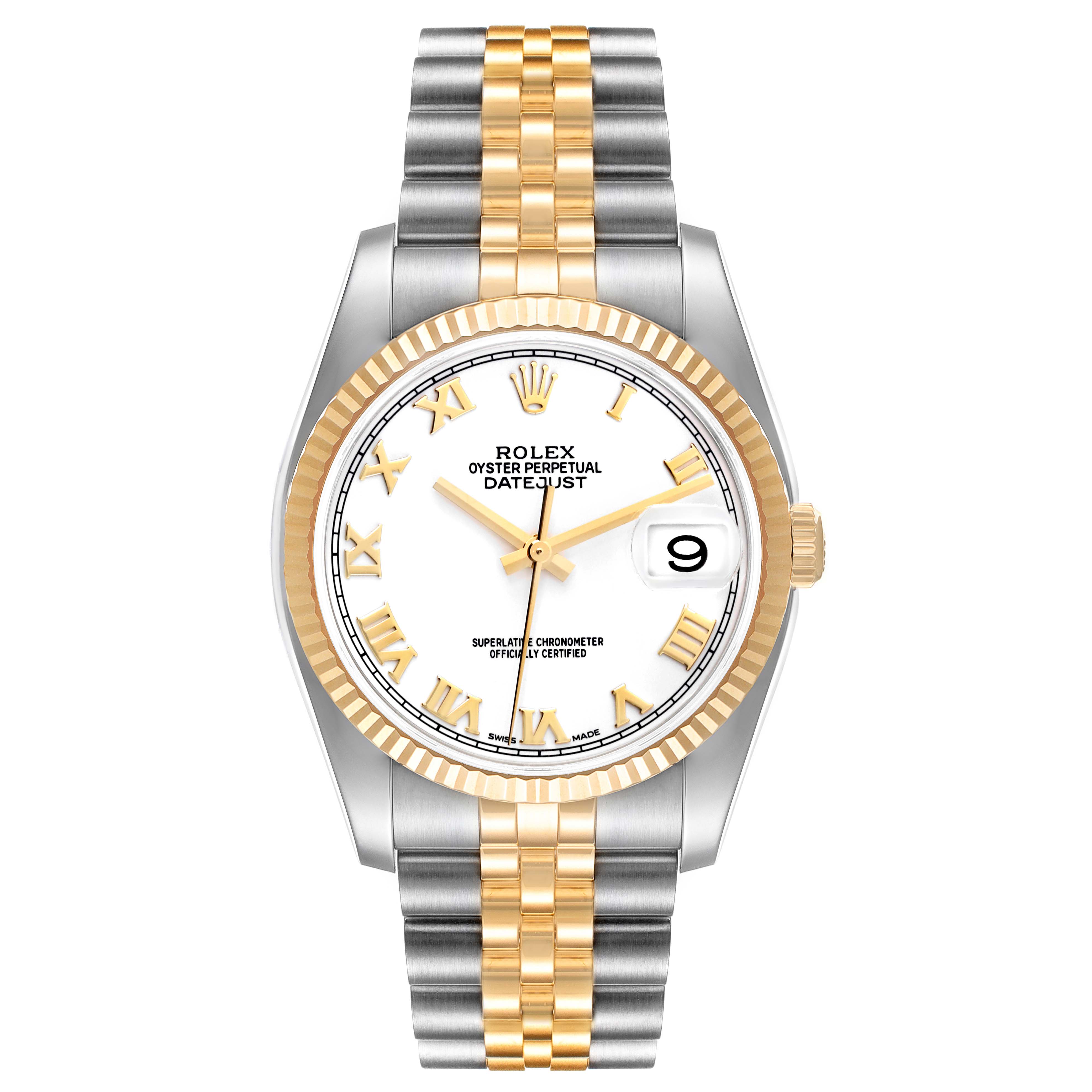 This is a front view of a Rolex Datejust 116233 Men's Steel and Gold (two tone) White Dial 116233 Men's Steel and Gold (two tone) White Dial watch, showing the white dial, gold fluted bezel, Jubilee bracelet, and date window.