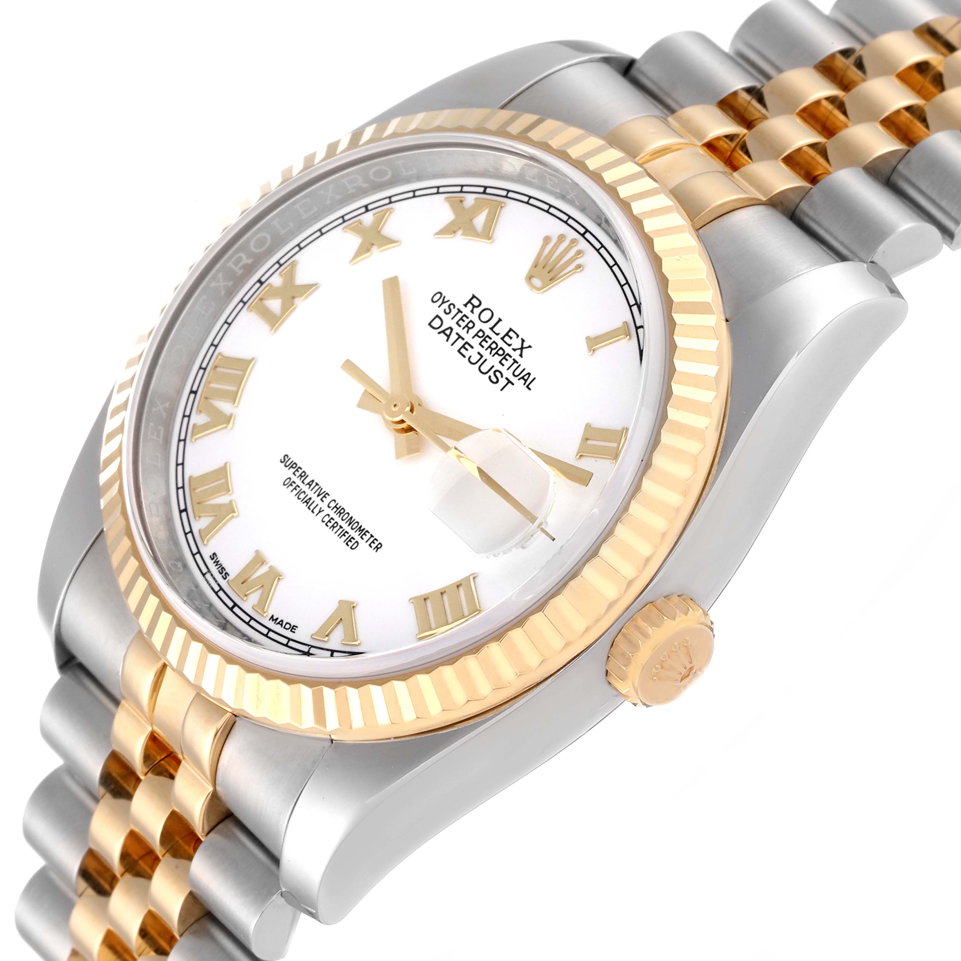 The image shows a close-up angle of a Rolex Datejust 116233 Men's Steel and Gold (two tone) White Dial 116233 Men's Steel and Gold (two tone) White Dial watch, highlighting its white dial, gold Roman numerals, bezel, and two-tone jubilee bracelet.
