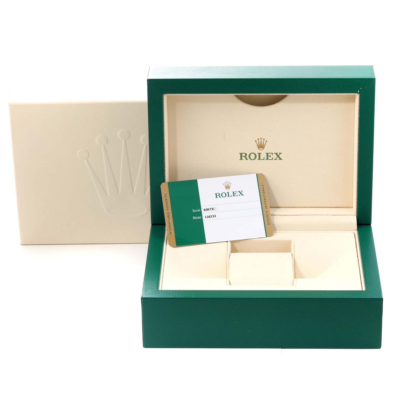The image shows the open box and warranty card for a Rolex Datejust 116233 Men's Steel and Gold (two tone) White Dial 116233 Men's Steel and Gold (two tone) White Dial watch, with compartments visible inside the box.