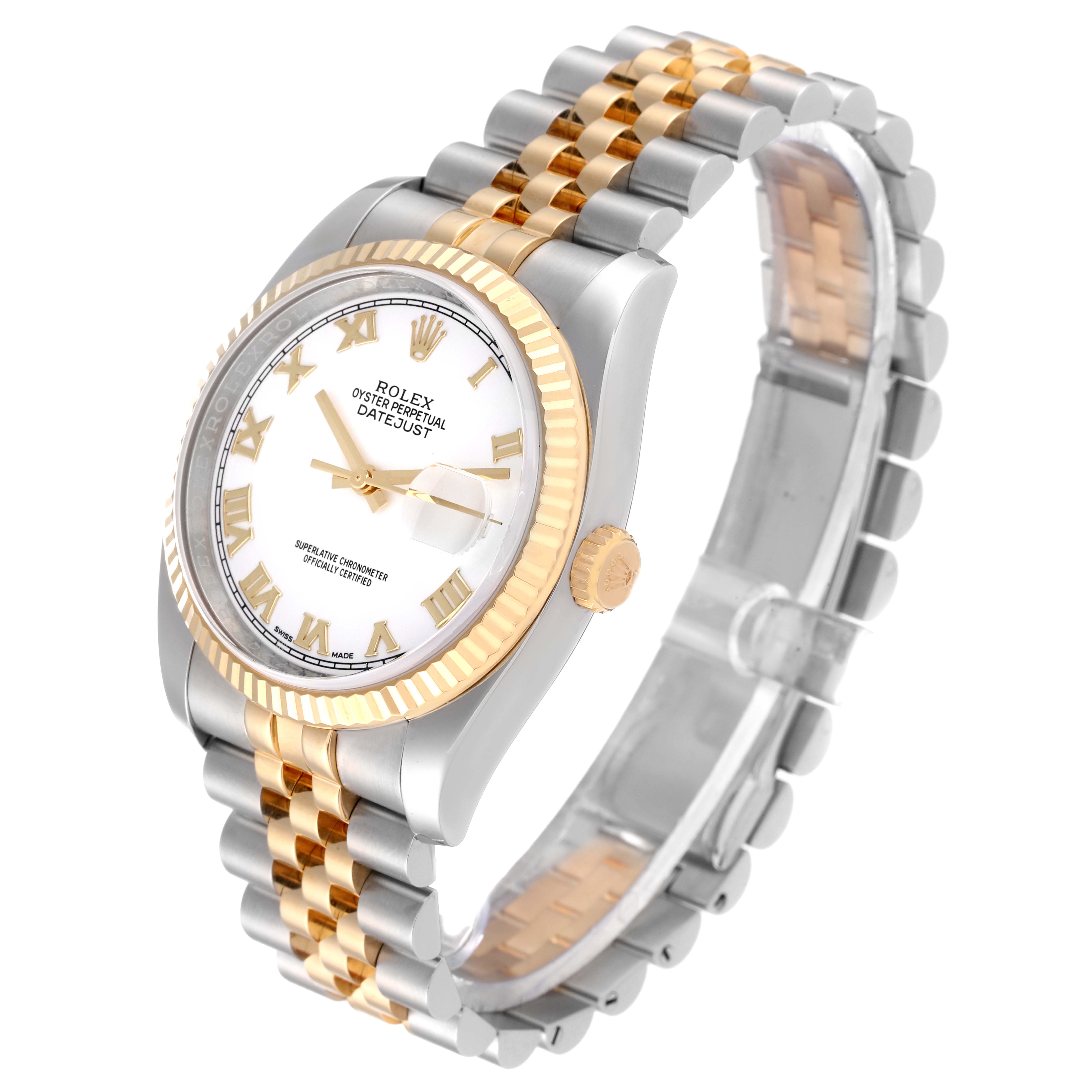 This image shows a side angle of the Rolex Datejust 116233 Men's Steel and Gold (two tone) White Dial 116233 Men's Steel and Gold (two tone) White Dial watch, highlighting its dial, bezel, and two-tone bracelet.