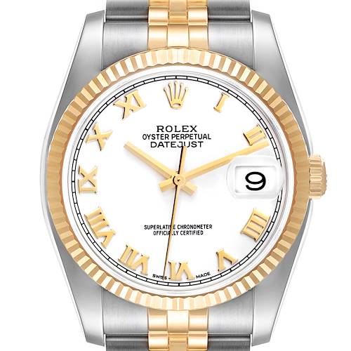 Photo of Rolex Datejust Steel Yellow Gold White Roman Dial Mens Watch 116233 Box Card