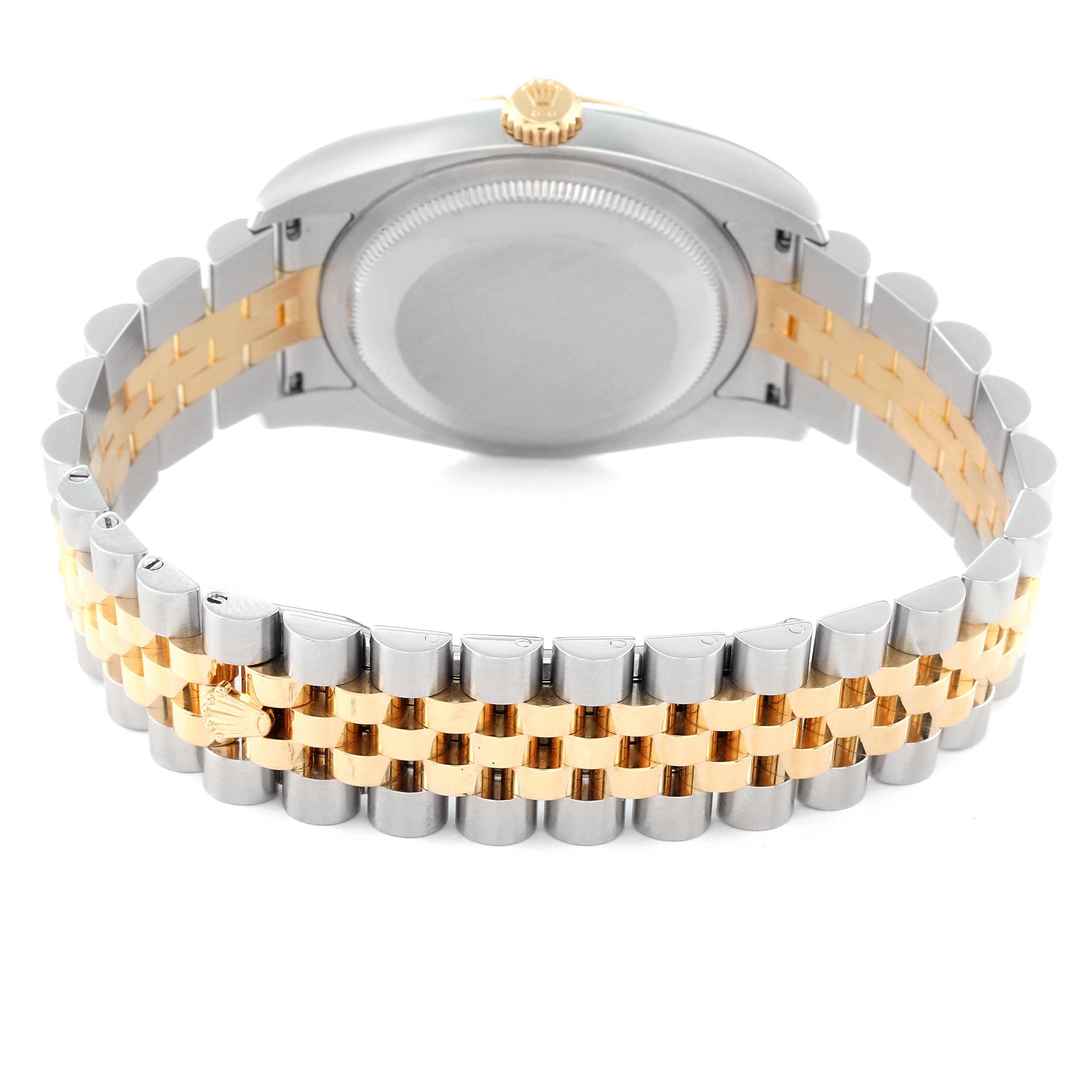 The image shows the back case and bracelet of a Rolex Datejust 116233 Men's Steel and Gold (two tone) White Dial 116233 Men's Steel and Gold (two tone) White Dial watch with a two-tone metal finish.