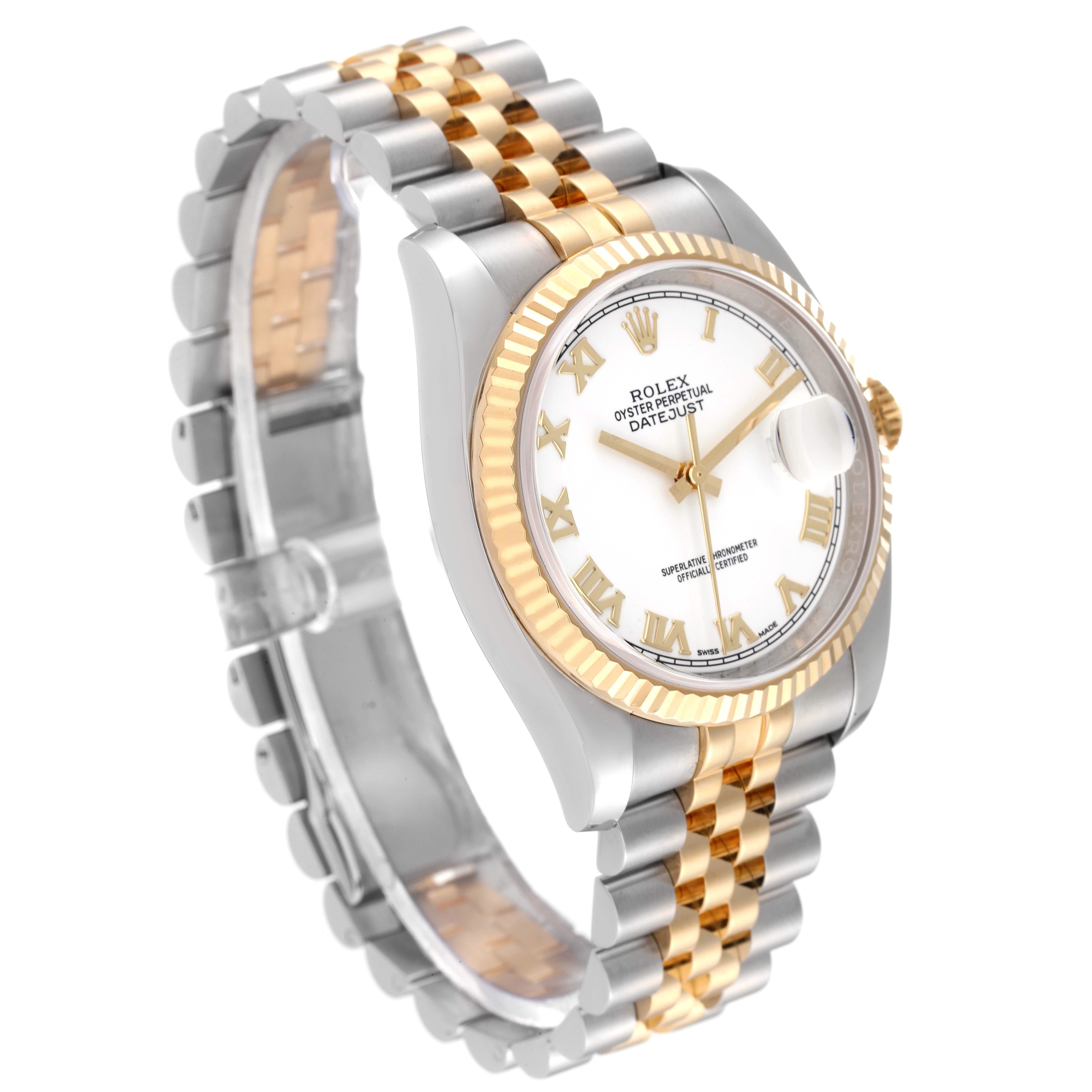This image shows a Rolex Datejust 116233 Men's Steel and Gold (two tone) White Dial 116233 Men's Steel and Gold (two tone) White Dial watch at an angled side view, highlighting the face, bezel, and two-tone bracelet.
