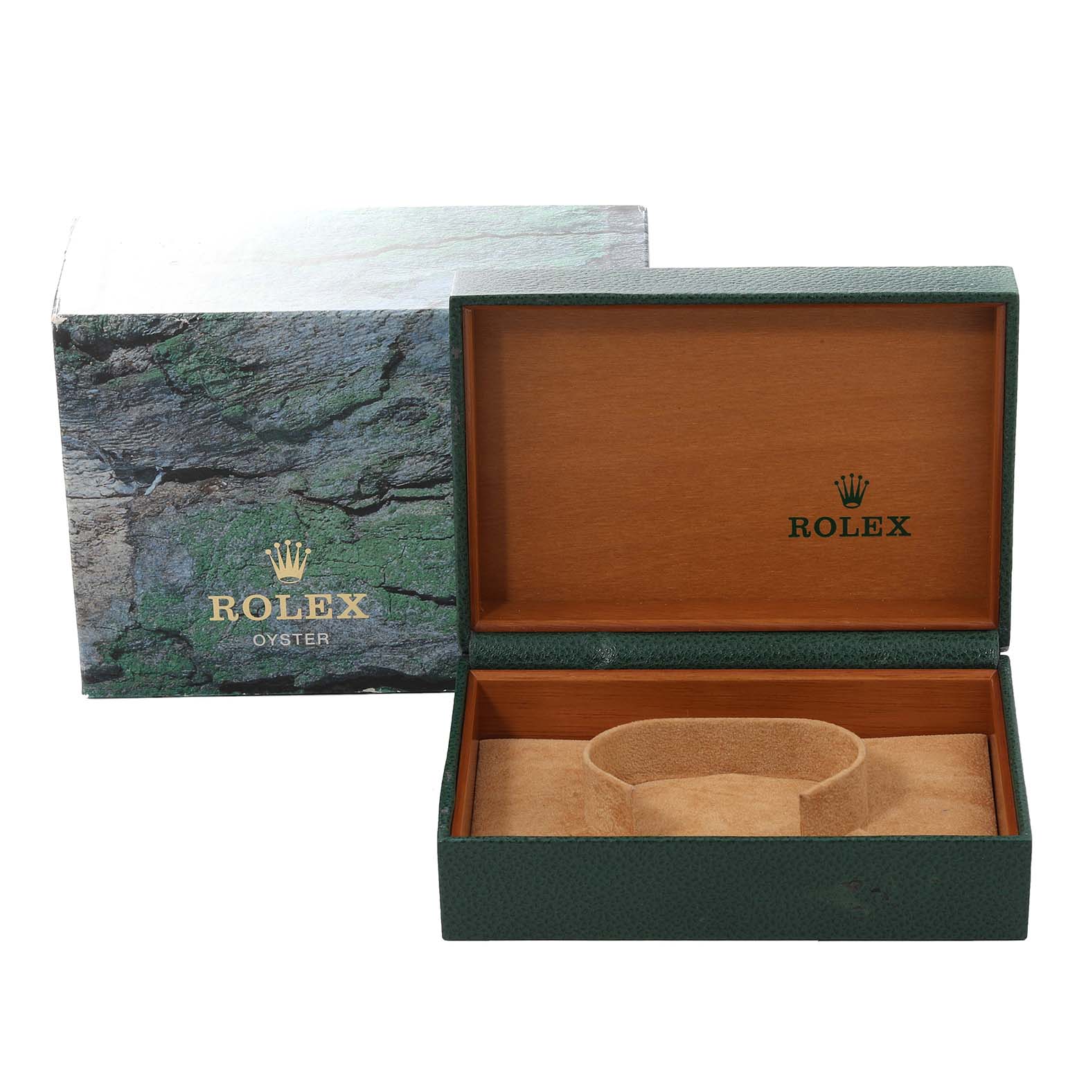 This image shows an open green and wooden Rolex Turn-o-Graph 16264 Men's Stainless Steel Black Dial 16264 Men's Stainless Steel Black Dial watch box with its accompanying outer packaging.