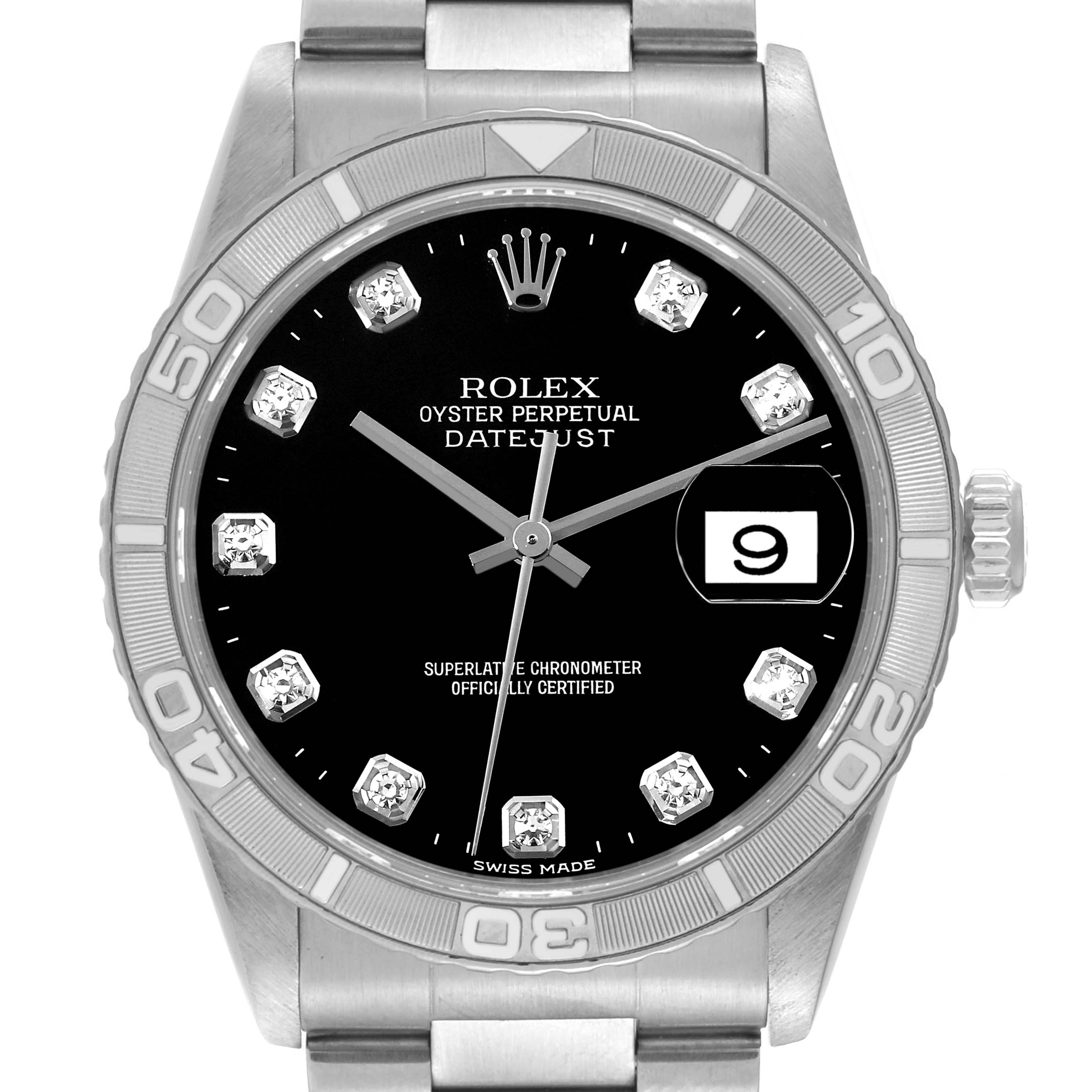 The Rolex Turn-o-Graph 16264 Men's Stainless Steel Black Dial 16264 Men's Stainless Steel Black Dial model watch is shown from a top-down angle, displaying the face, bezel, and part of the bracelet.