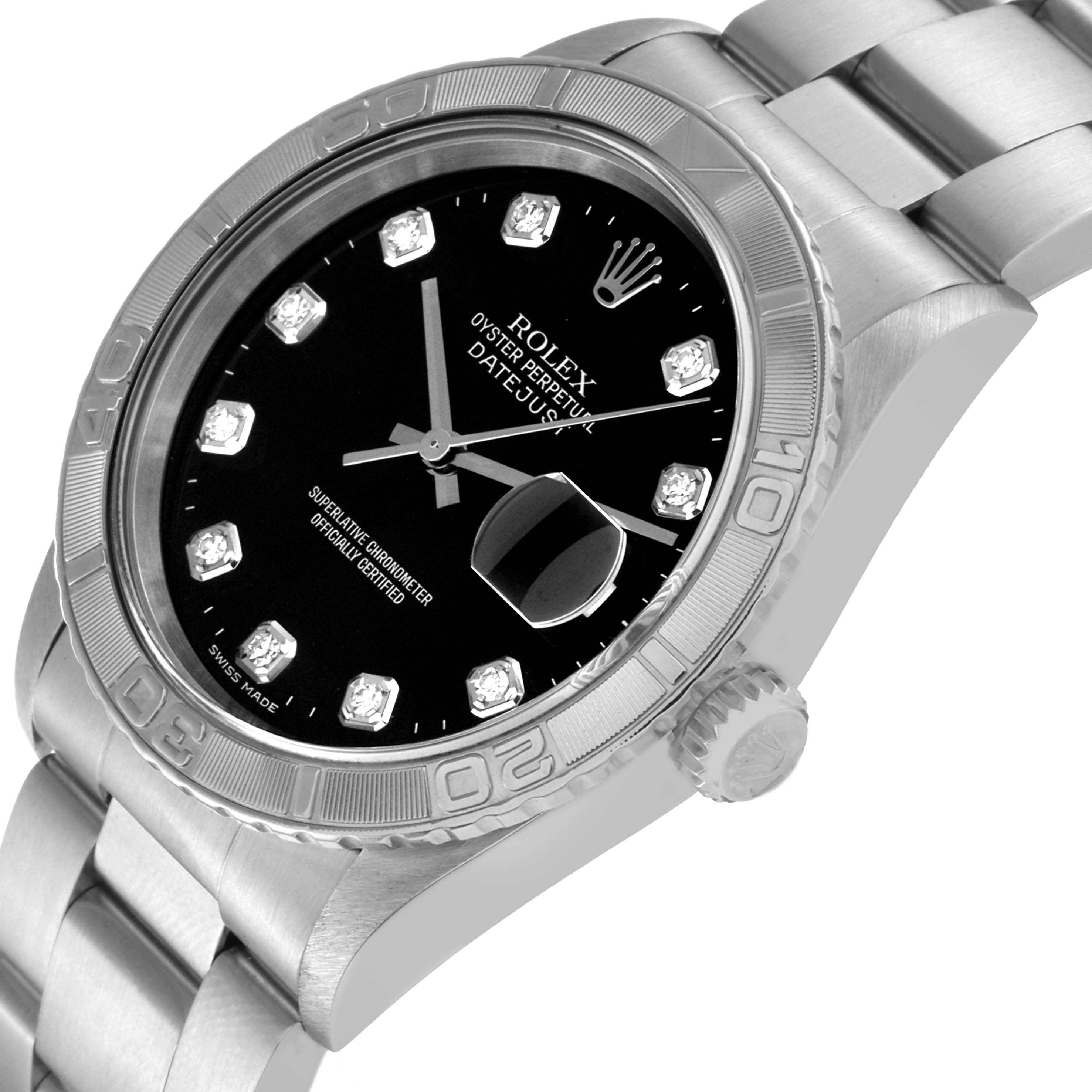 This Rolex Turn-o-Graph 16264 Men's Stainless Steel Black Dial 16264 Men's Stainless Steel Black Dial watch is shown from an oblique angle, highlighting the bezel, dial, crown, and part of the bracelet.