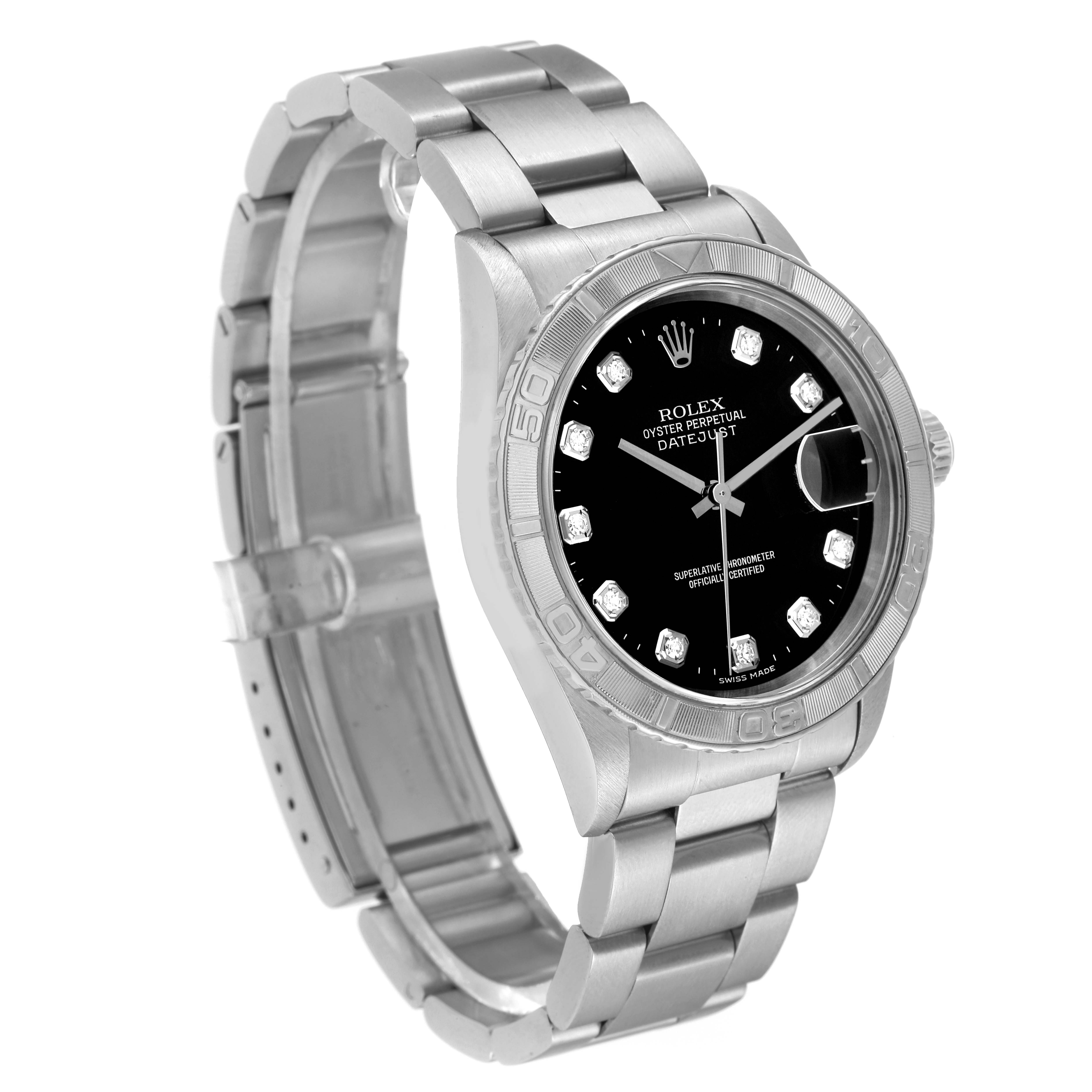 The image shows a side-angle view of a Rolex Turn-o-Graph 16264 Men's Stainless Steel Black Dial 16264 Men's Stainless Steel Black Dial watch, displaying its stainless steel bracelet and black dial.