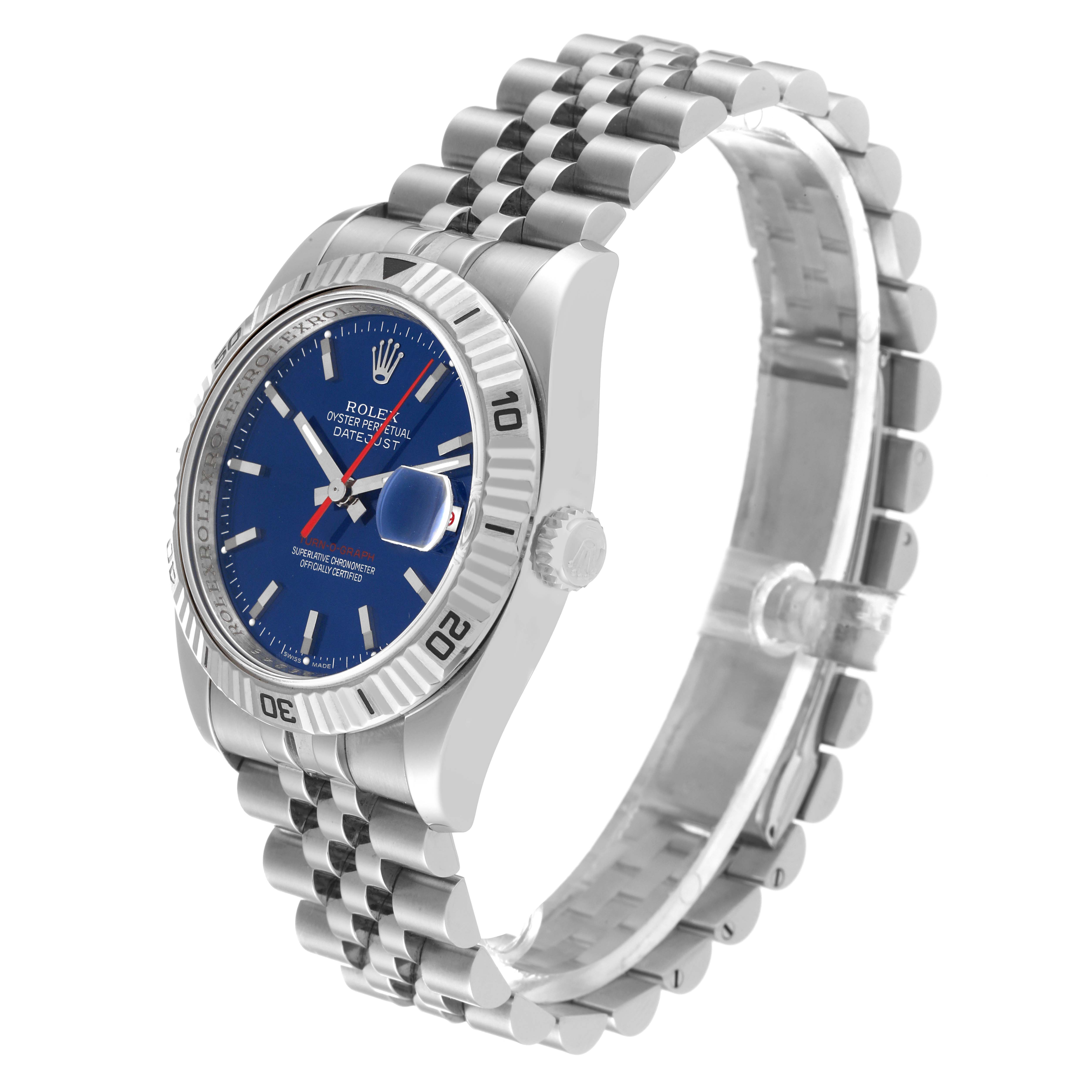 The Rolex Turn-o-Graph 116264 Men's Stainless Steel Blue Dial 116264 Men's Stainless Steel Blue Dial watch is shown at an angle highlighting the face, bezel, and bracelet.