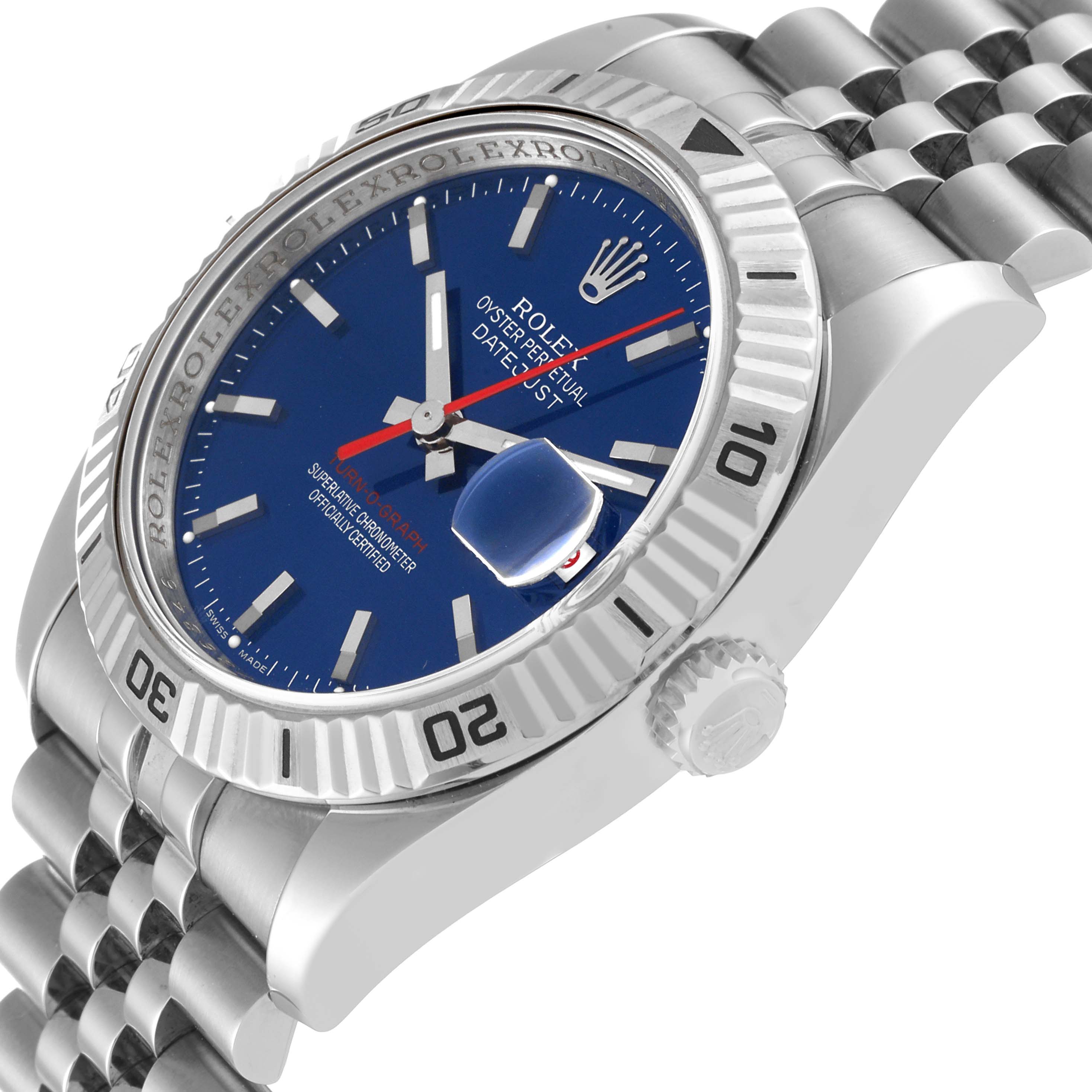 The image shows a side angle of a Rolex Turn-o-Graph 116264 Men's Stainless Steel Blue Dial 116264 Men's Stainless Steel Blue Dial watch, highlighting its blue dial, bezel, crown, and part of the bracelet.
