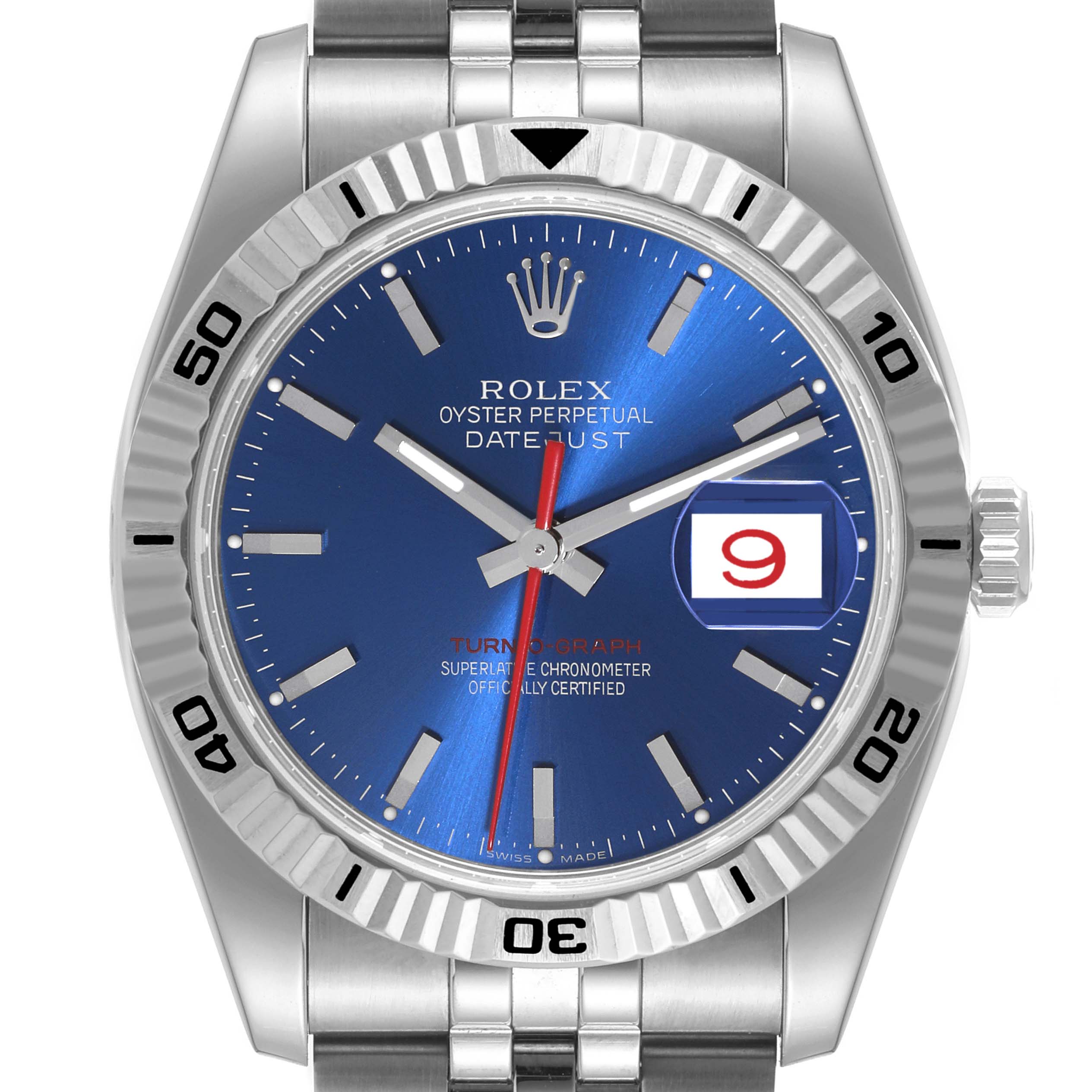 The image shows a Rolex Turn-o-Graph 116264 Men's Stainless Steel Blue Dial 116264 Men's Stainless Steel Blue Dial watch, in a front-facing angle, highlighting the dial, bezel, crown, and part of the bracelet.