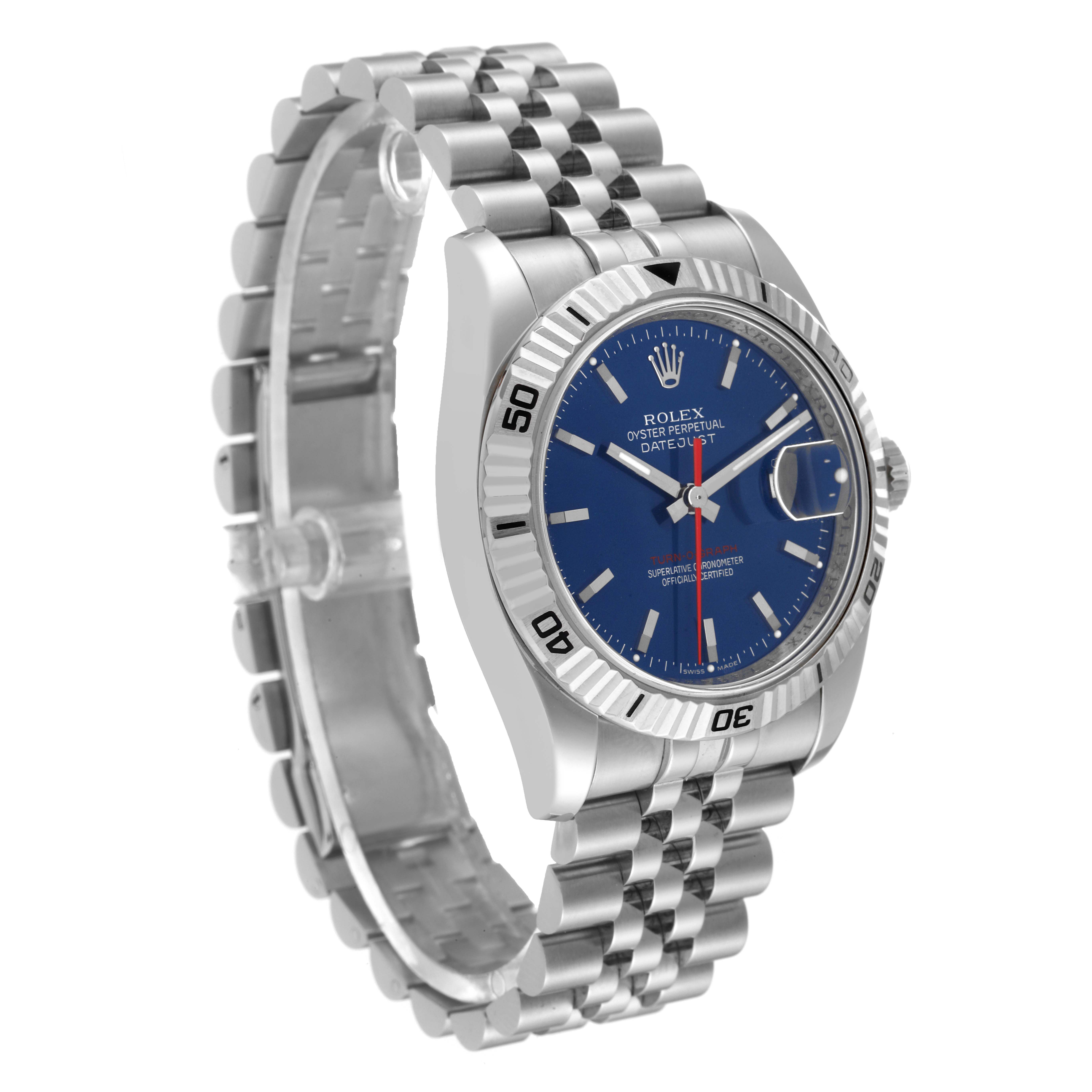 This image showcases a Rolex Turn-o-Graph 116264 Men's Stainless Steel Blue Dial 116264 Men's Stainless Steel Blue Dial watch at a slight angle, displaying its blue dial, bezel, and metal bracelet.