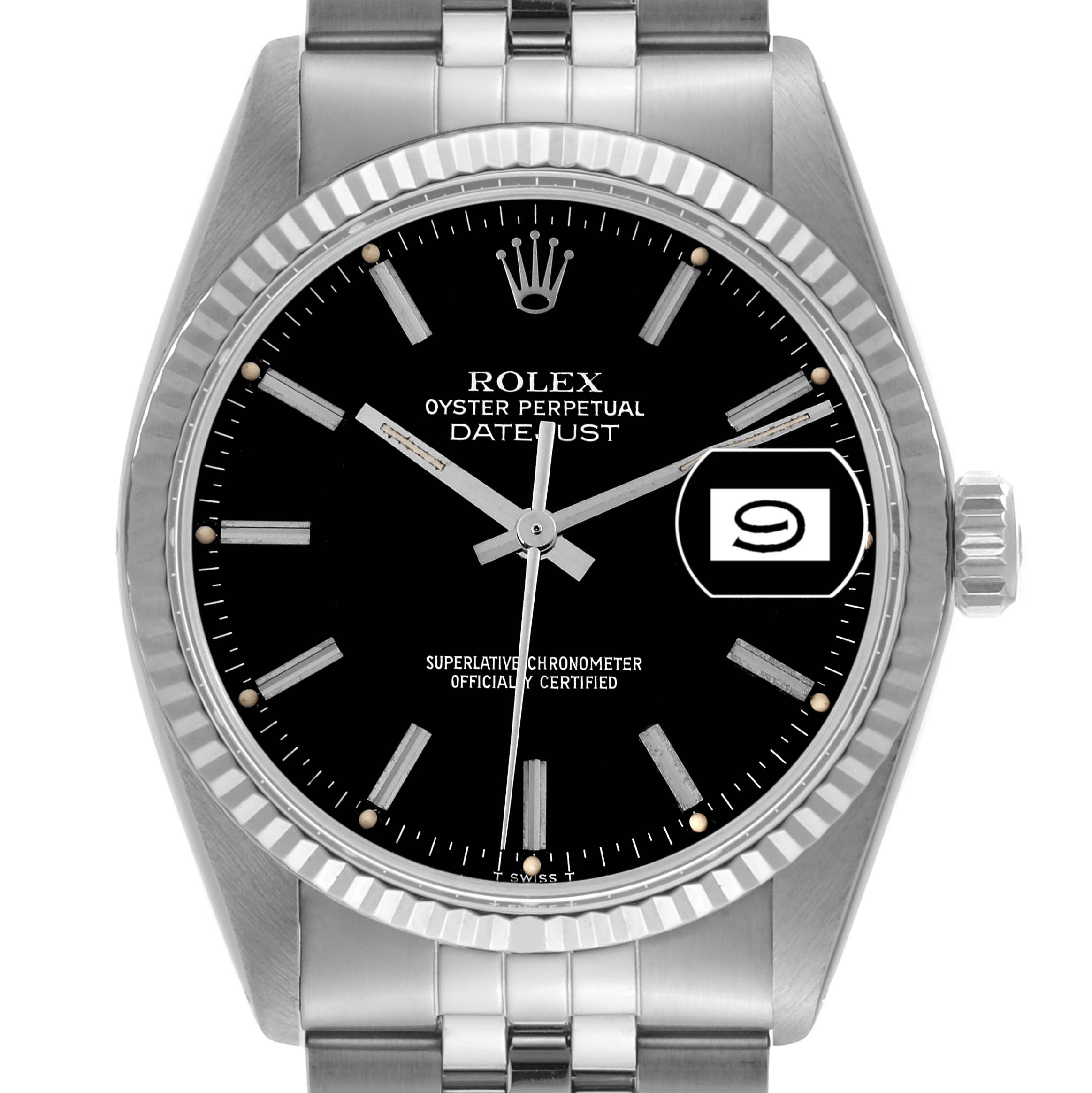 The image shows a front view of the Rolex Datejust 16014 Men's Stainless Steel Black Dial 16014 Men's Stainless Steel Black Dial watch, featuring its black dial, fluted bezel, and date window.