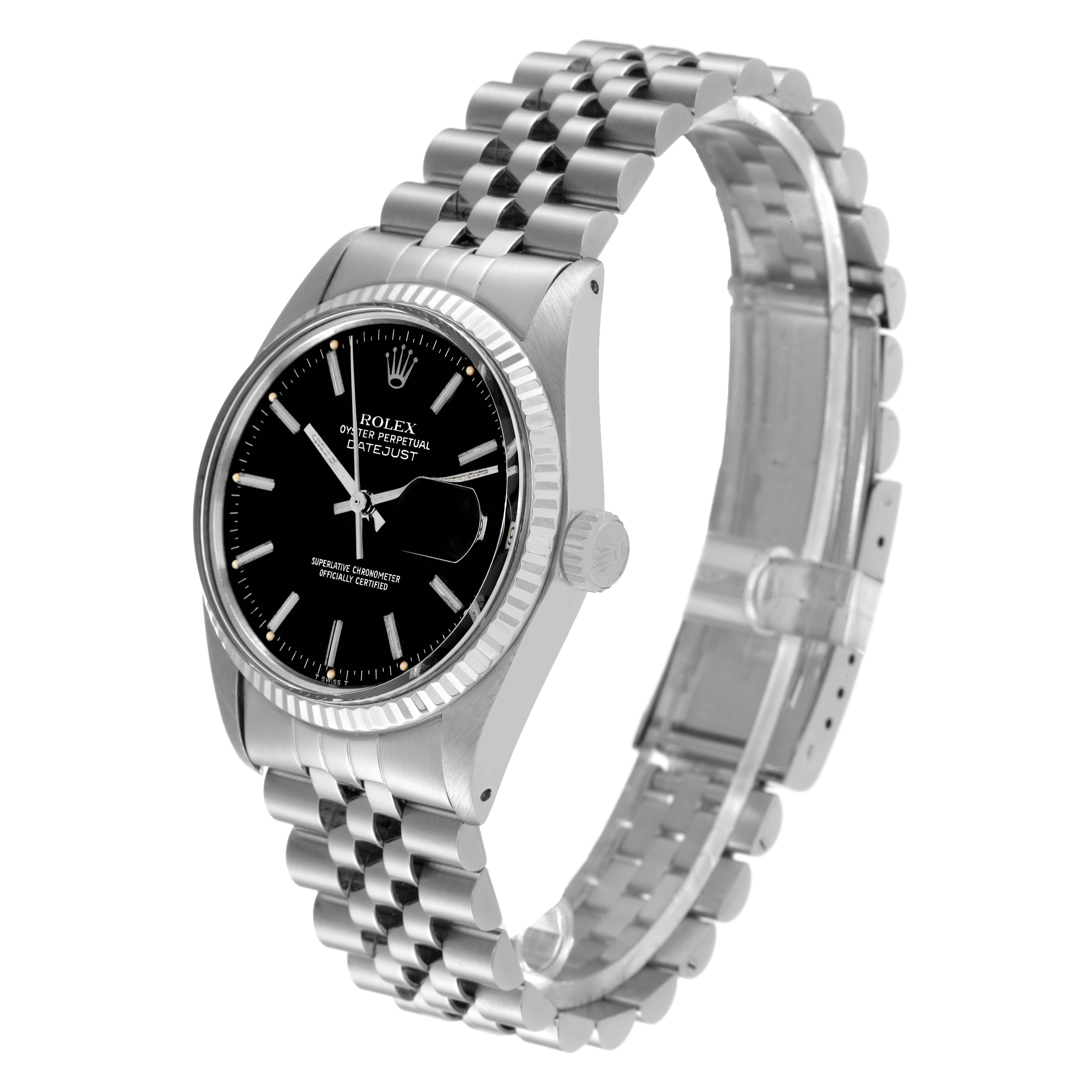 The Rolex Datejust 16014 Men's Stainless Steel Black Dial 16014 Men's Stainless Steel Black Dial watch is shown at a side angle, highlighting its black dial, fluted bezel, and metal bracelet.