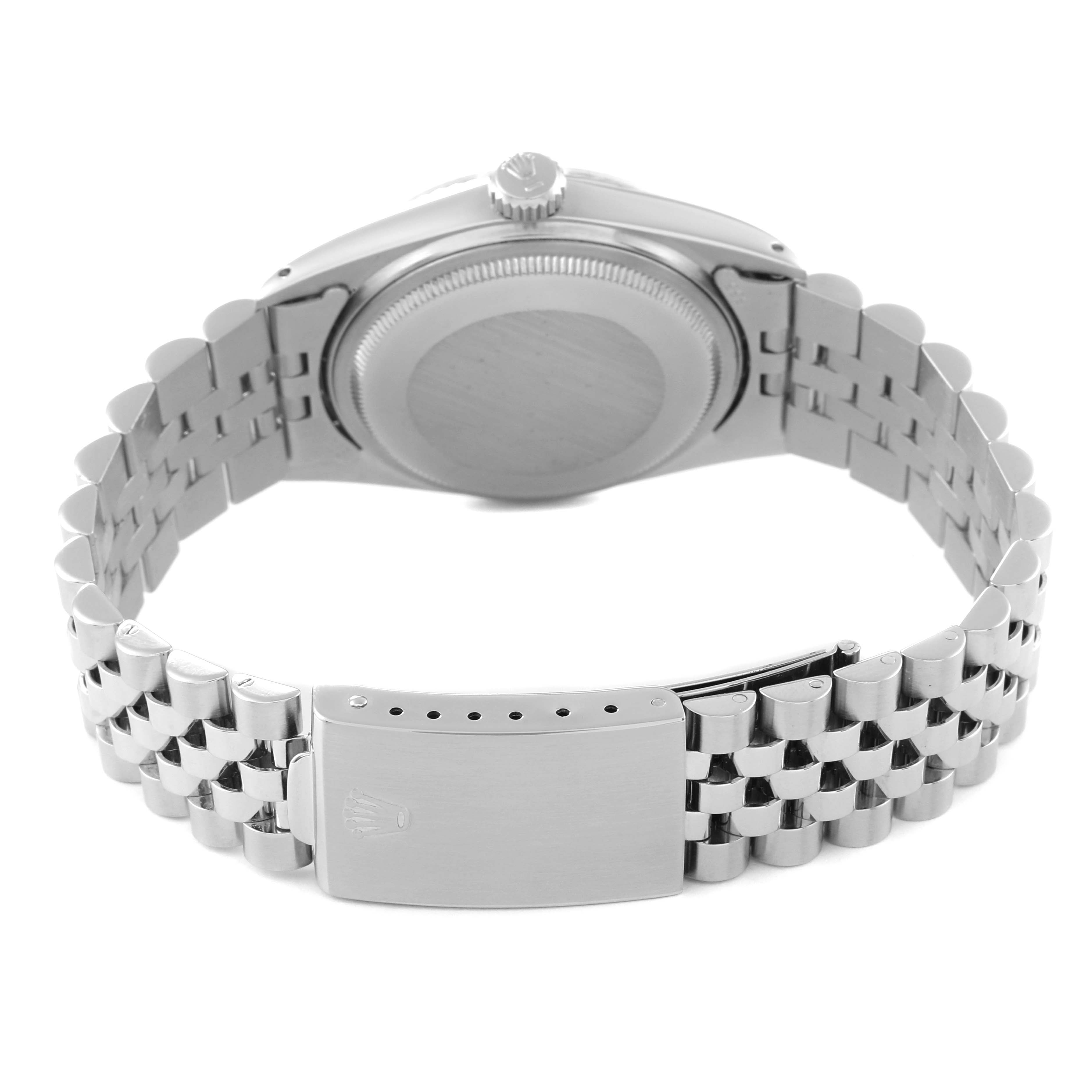 The image shows the back of a Rolex Datejust 16014 Men's Stainless Steel Black Dial 16014 Men's Stainless Steel Black Dial watch, focusing on the case back and Jubilee bracelet with a deployment clasp.