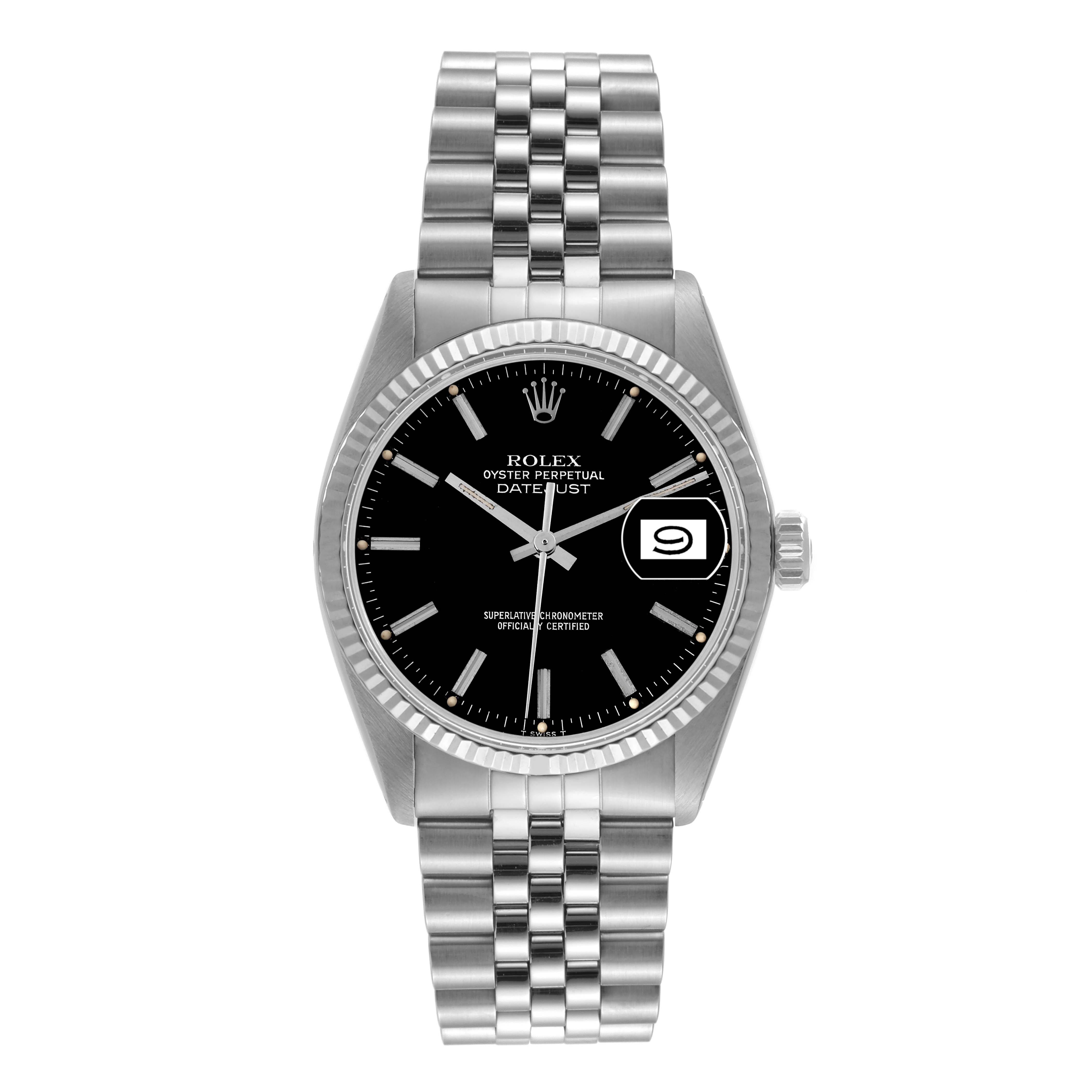 This image shows a Rolex Datejust 16014 Men's Stainless Steel Black Dial 16014 Men's Stainless Steel Black Dial watch from a top-down angle, displaying the dial, bezel, and bracelet.