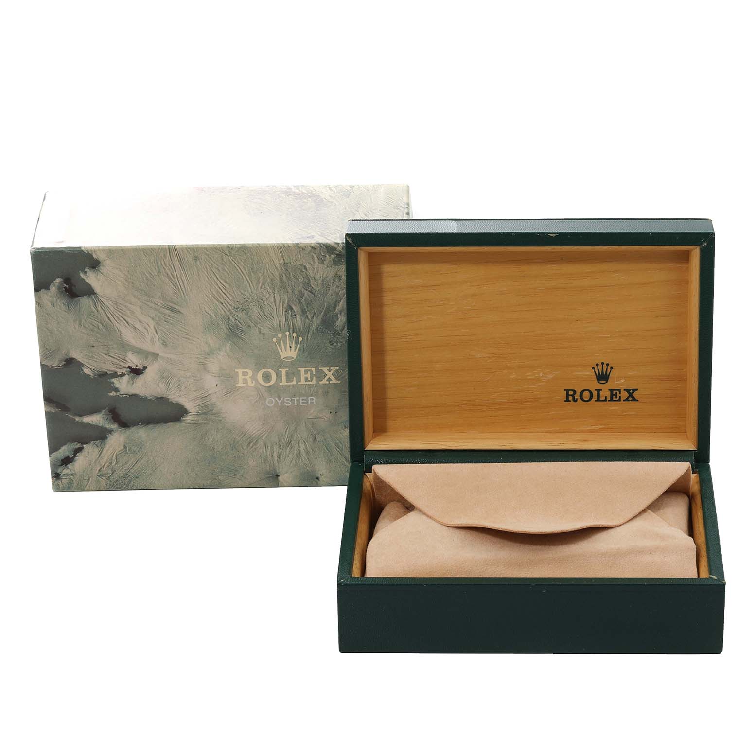 The image shows the packaging for a Rolex Datejust 16014 Men's Stainless Steel Black Dial 16014 Men's Stainless Steel Black Dial watch, including a box and cushion with the Rolex logo.