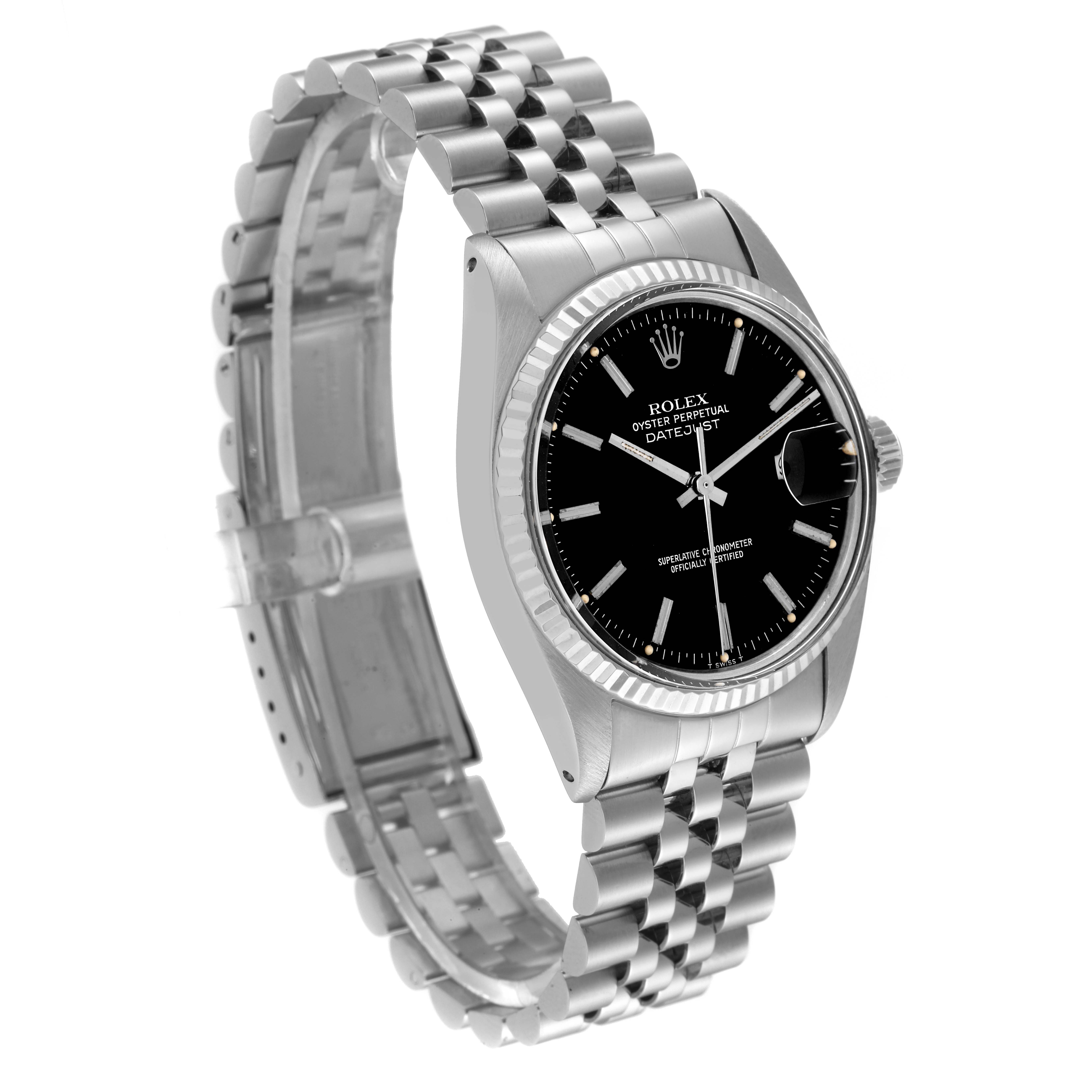 The image shows a side angle of the Rolex Datejust 16014 Men's Stainless Steel Black Dial 16014 Men's Stainless Steel Black Dial watch, highlighting the face, case, bracelet, and crown.