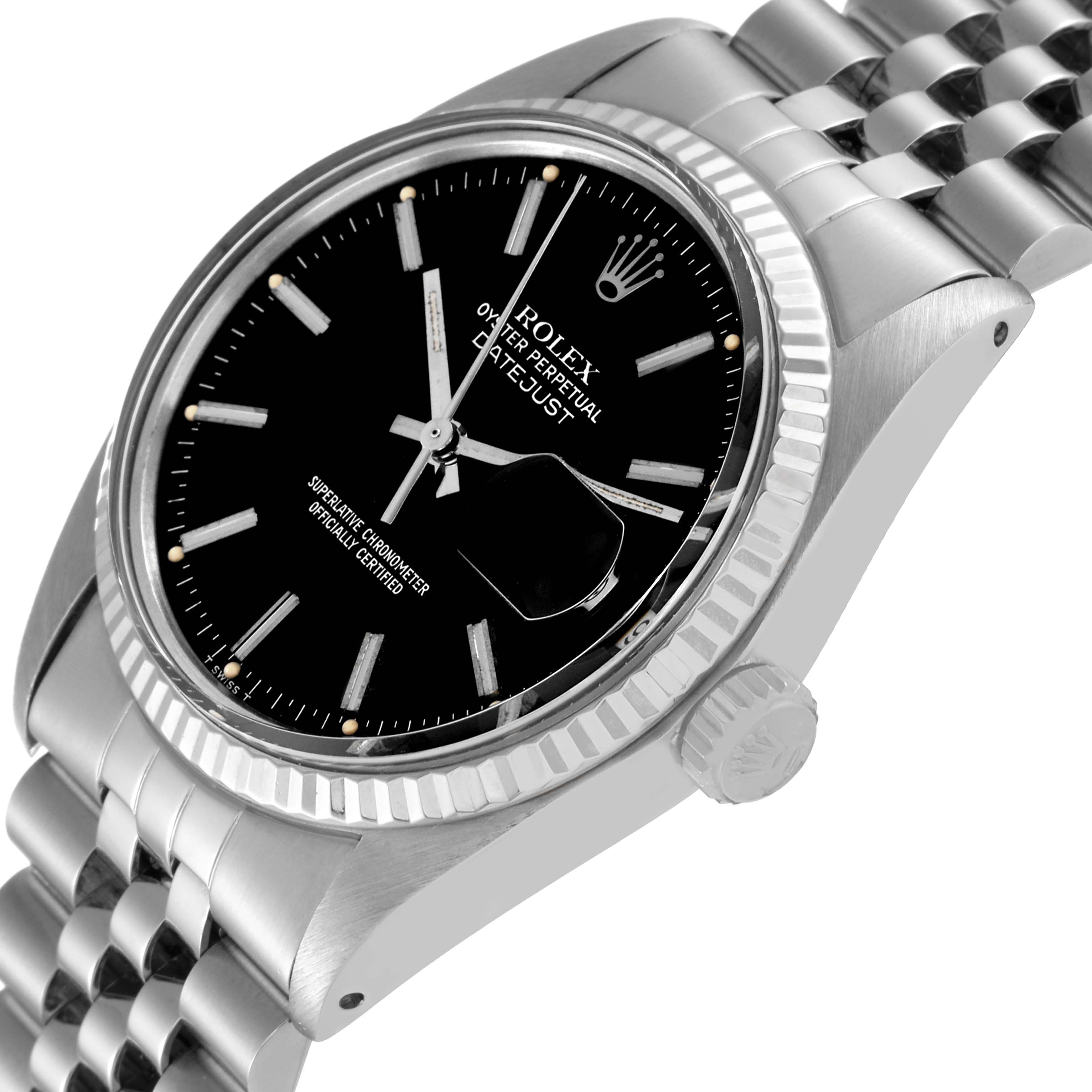 The image shows a close-up side angle of the Rolex Datejust 16014 Men's Stainless Steel Black Dial 16014 Men's Stainless Steel Black Dial watch, highlighting its dial, bezel, and part of the bracelet.