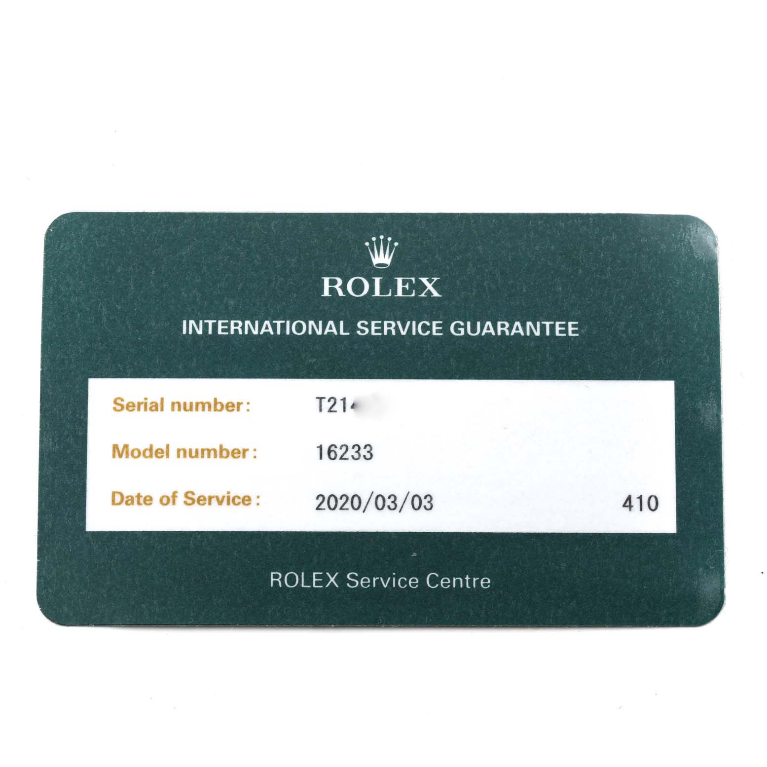 The image shows a Rolex Datejust 16233 Men's Steel and Gold (two tone) White Dial 16233 Men's Steel and Gold (two tone) White Dial service guarantee card, detailing the serial number, model number 16233, and service date.