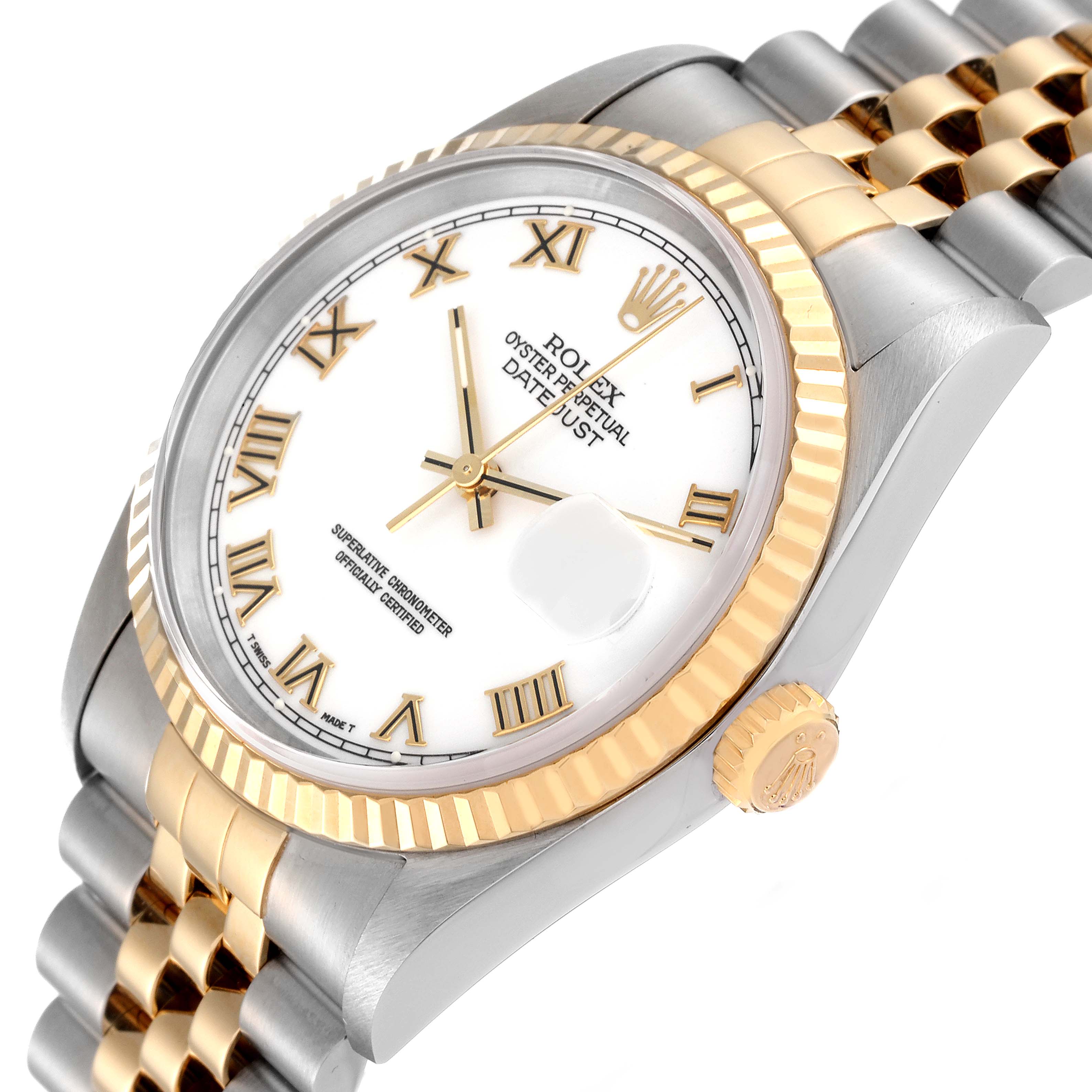 The image shows a Rolex Datejust 16233 Men's Steel and Gold (two tone) White Dial 16233 Men's Steel and Gold (two tone) White Dial watch at an angled view, displaying the bezel, crown, face, and part of the bracelet.