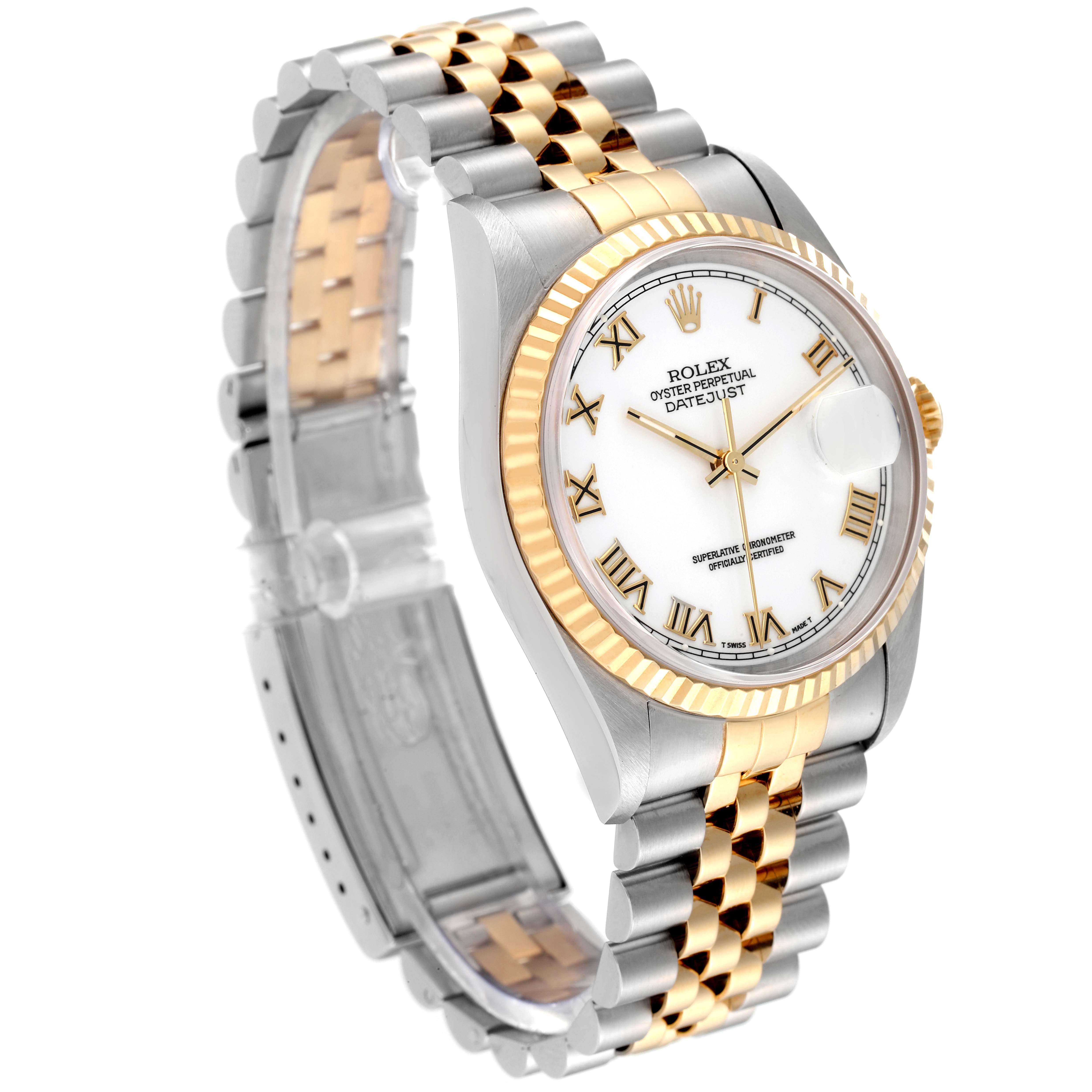 The image shows a Rolex Datejust 16233 Men's Steel and Gold (two tone) White Dial 16233 Men's Steel and Gold (two tone) White Dial watch at a three-quarter angle, highlighting its two-tone bracelet, fluted bezel, and white dial with Roman numerals.