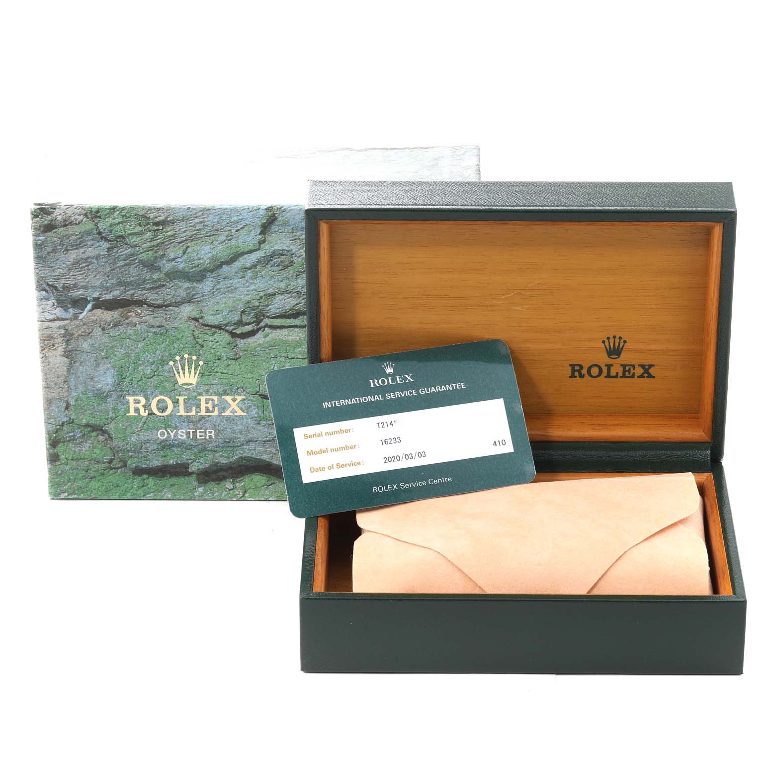 The image shows an open Rolex Datejust 16233 Men's Steel and Gold (two tone) White Dial 16233 Men's Steel and Gold (two tone) White Dial box, a guarantee card, and packaging, all at a frontal angle.