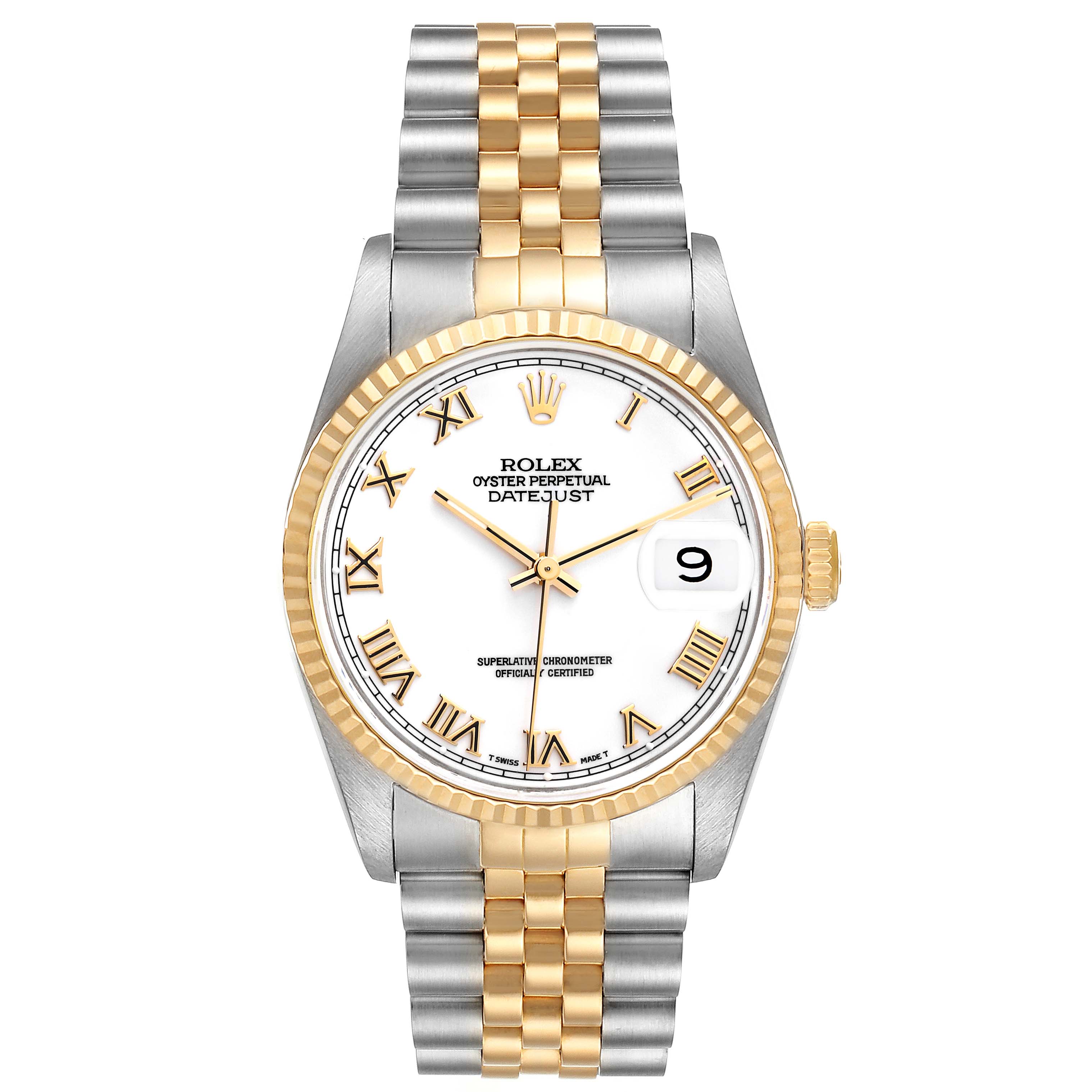 The image shows a Rolex Datejust 16233 Men's Steel and Gold (two tone) White Dial 16233 Men's Steel and Gold (two tone) White Dial watch from a front angle, displaying its dial, bezel, and bracelet.