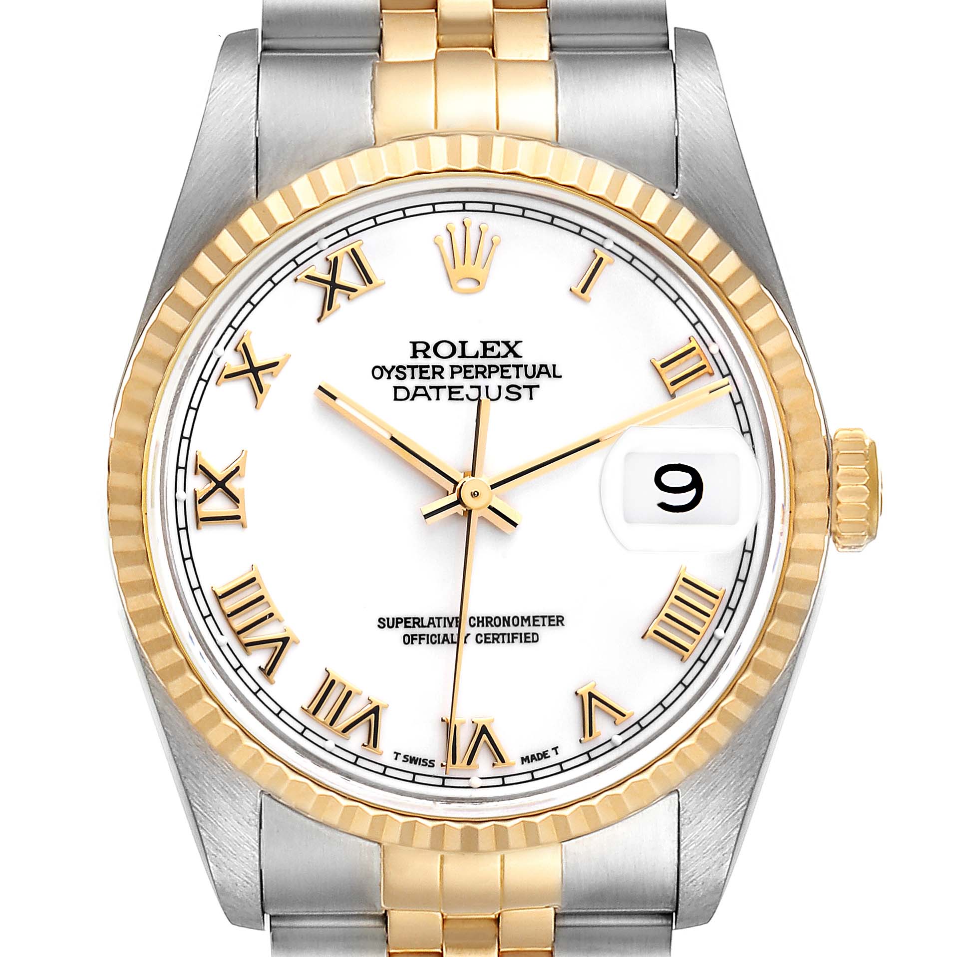 This Rolex Datejust 16233 Men's Steel and Gold (two tone) White Dial 16233 Men's Steel and Gold (two tone) White Dial watch is shown from a front angle, highlighting its white dial, gold bezel, Roman numerals, and two-tone bracelet.