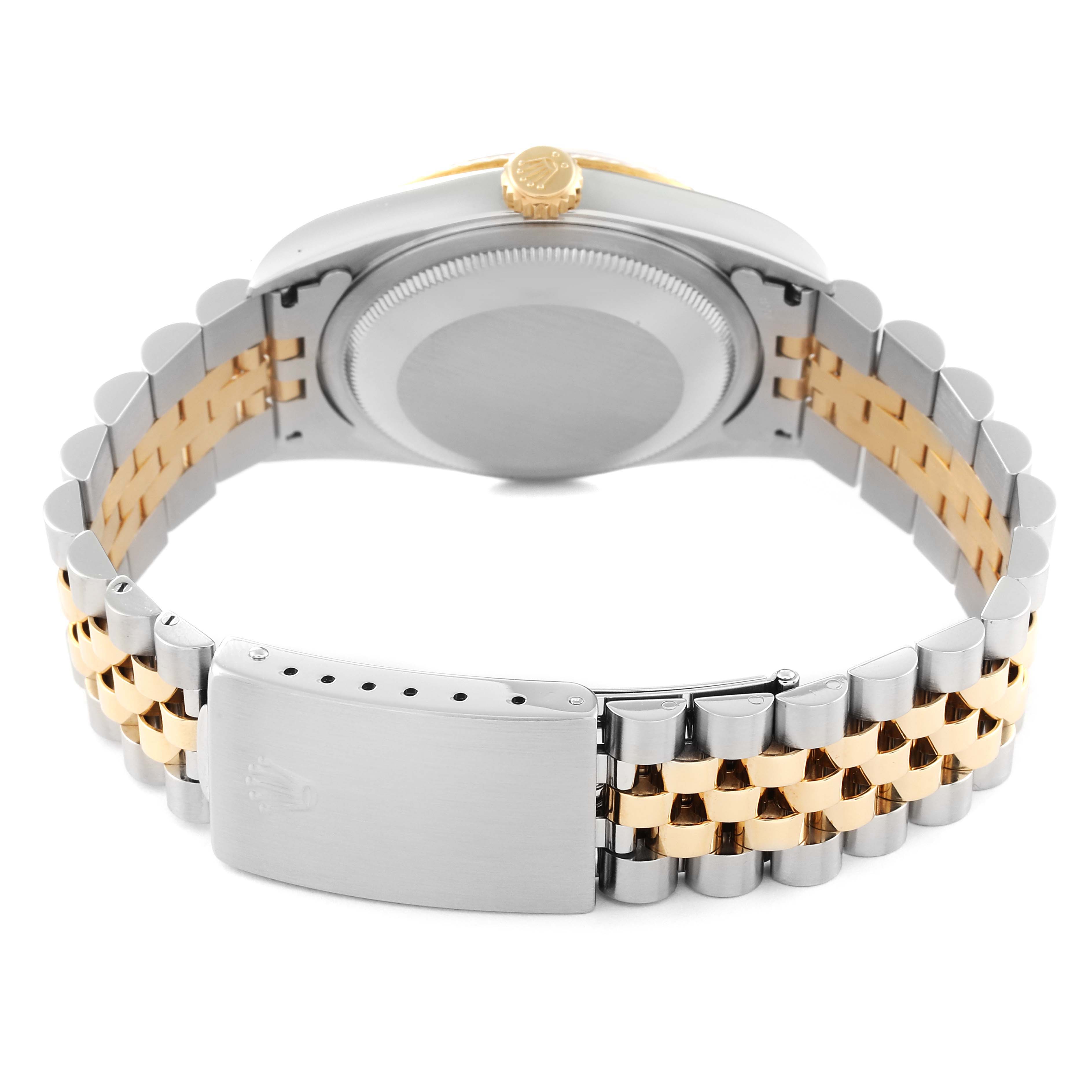 The image shows the back case and jubilee bracelet of a Rolex Datejust 16233 Men's Steel and Gold (two tone) White Dial 16233 Men's Steel and Gold (two tone) White Dial model, displaying a two-tone metal design.