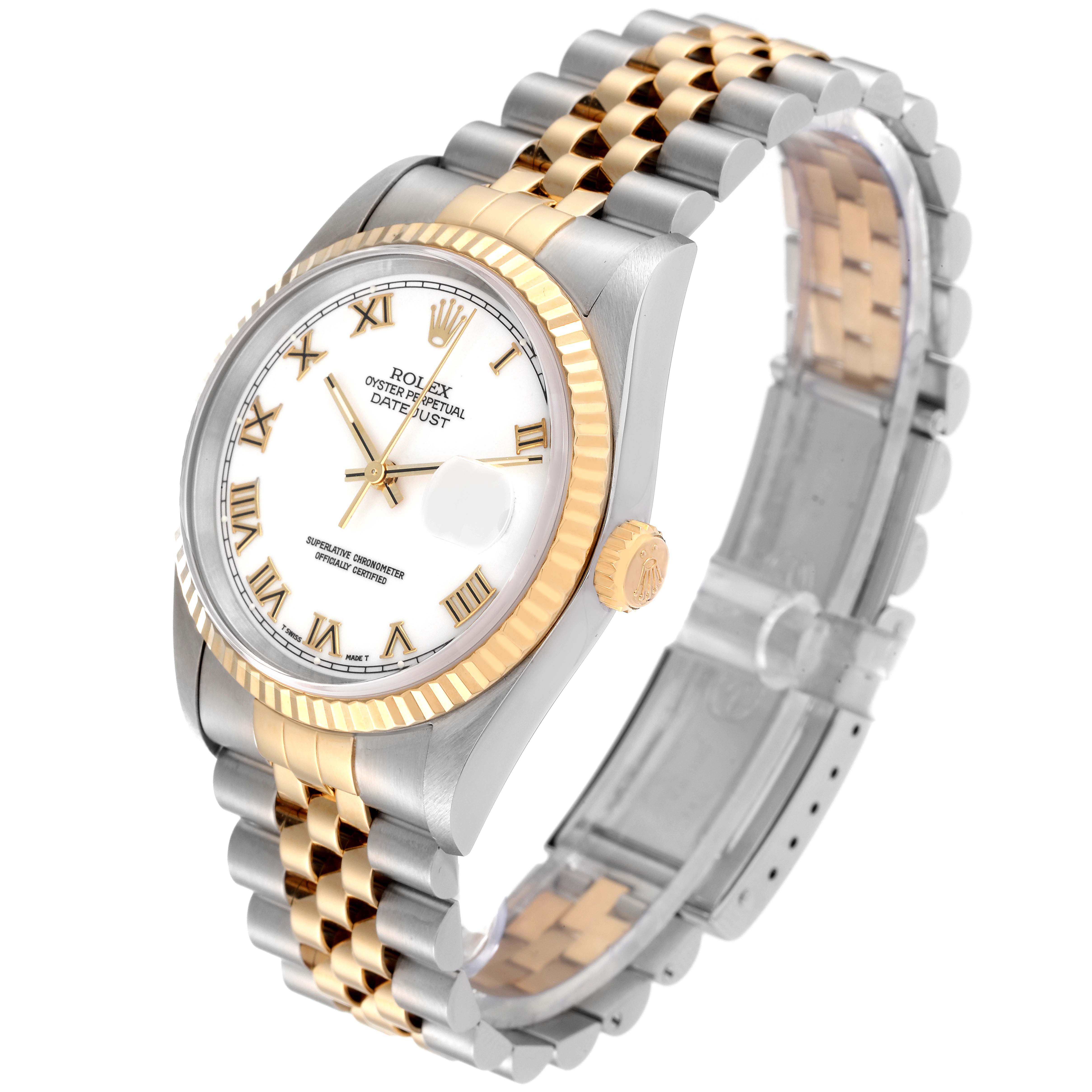 The Rolex Datejust 16233 Men's Steel and Gold (two tone) White Dial 16233 Men's Steel and Gold (two tone) White Dial watch is shown at a 3/4 angle, displaying the face, bezel, crown, and two-tone jubilee bracelet.