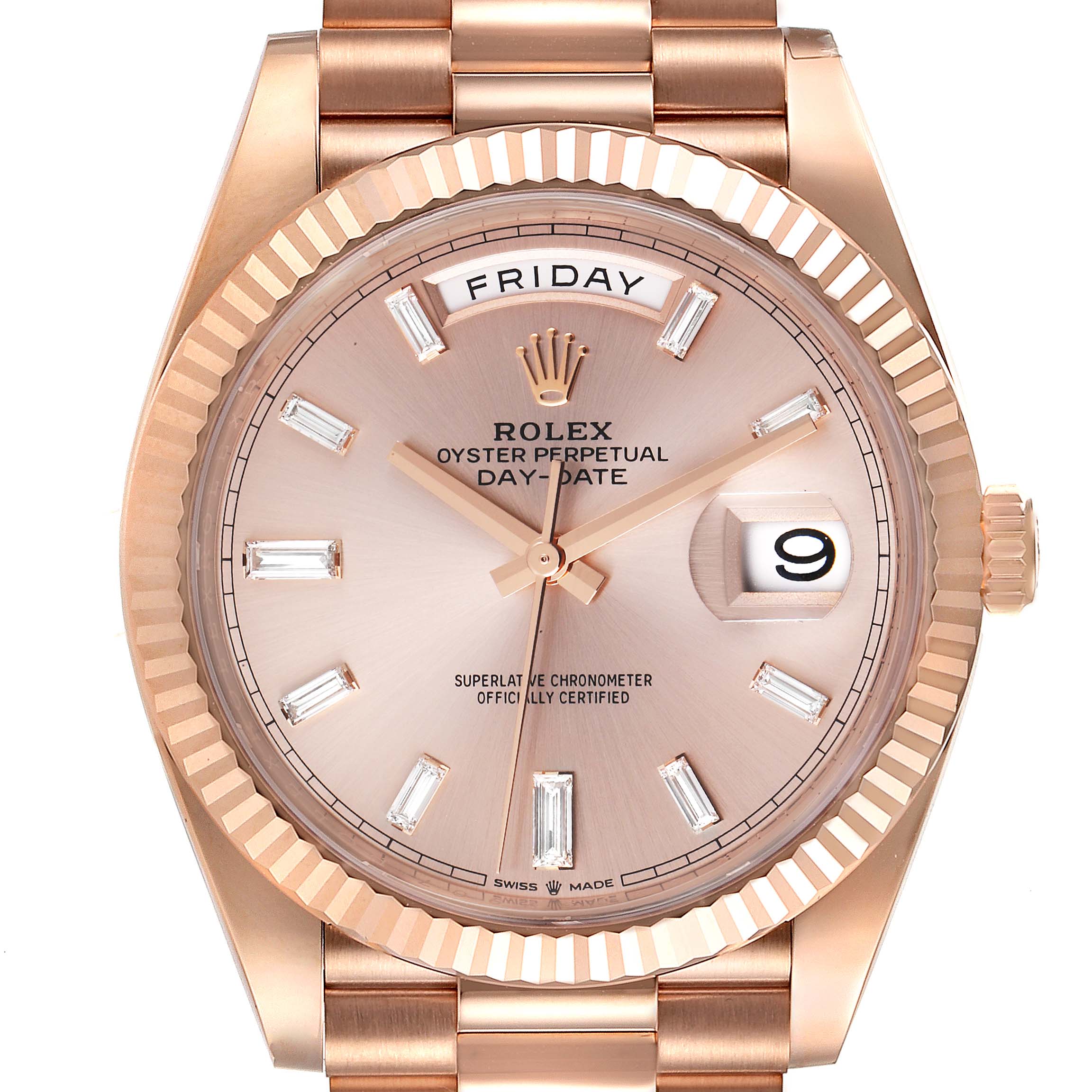 The image shows a front view of a Rolex President 228235 Men's Rose Gold Pink Dial 228235 Men's Rose Gold Pink Dial model watch, highlighting its face, bezel, and part of the bracelet.