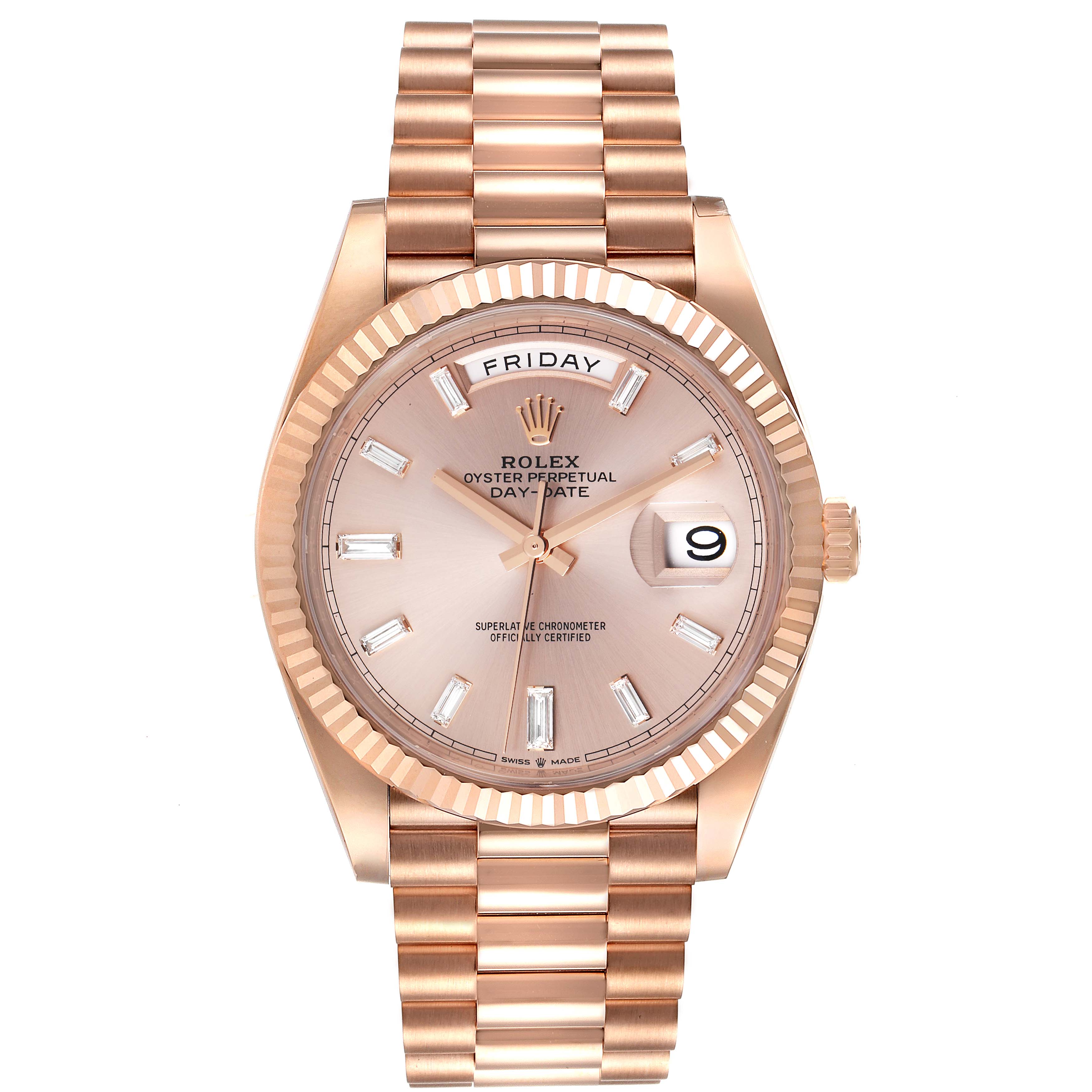 The image shows a frontal view of a Rolex President 228235 Men's Rose Gold Pink Dial 228235 Men's Rose Gold Pink Dial model watch, displaying its face, hands, date window, and bracelet.