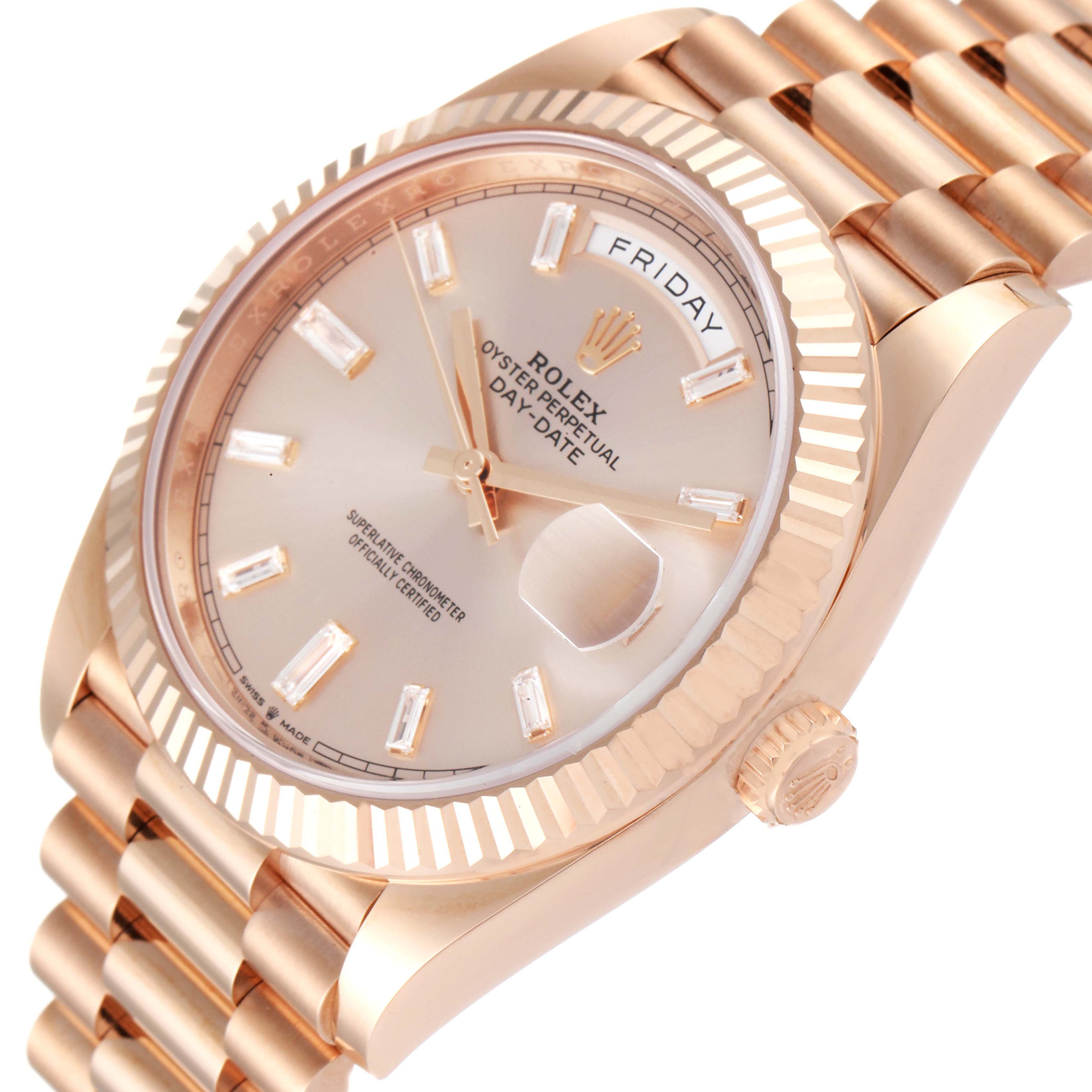 The image shows a Rolex President 228235 Men's Rose Gold Pink Dial 228235 Men's Rose Gold Pink Dial model watch at a slight angle, highlighting the face, fluted bezel, and part of the bracelet.