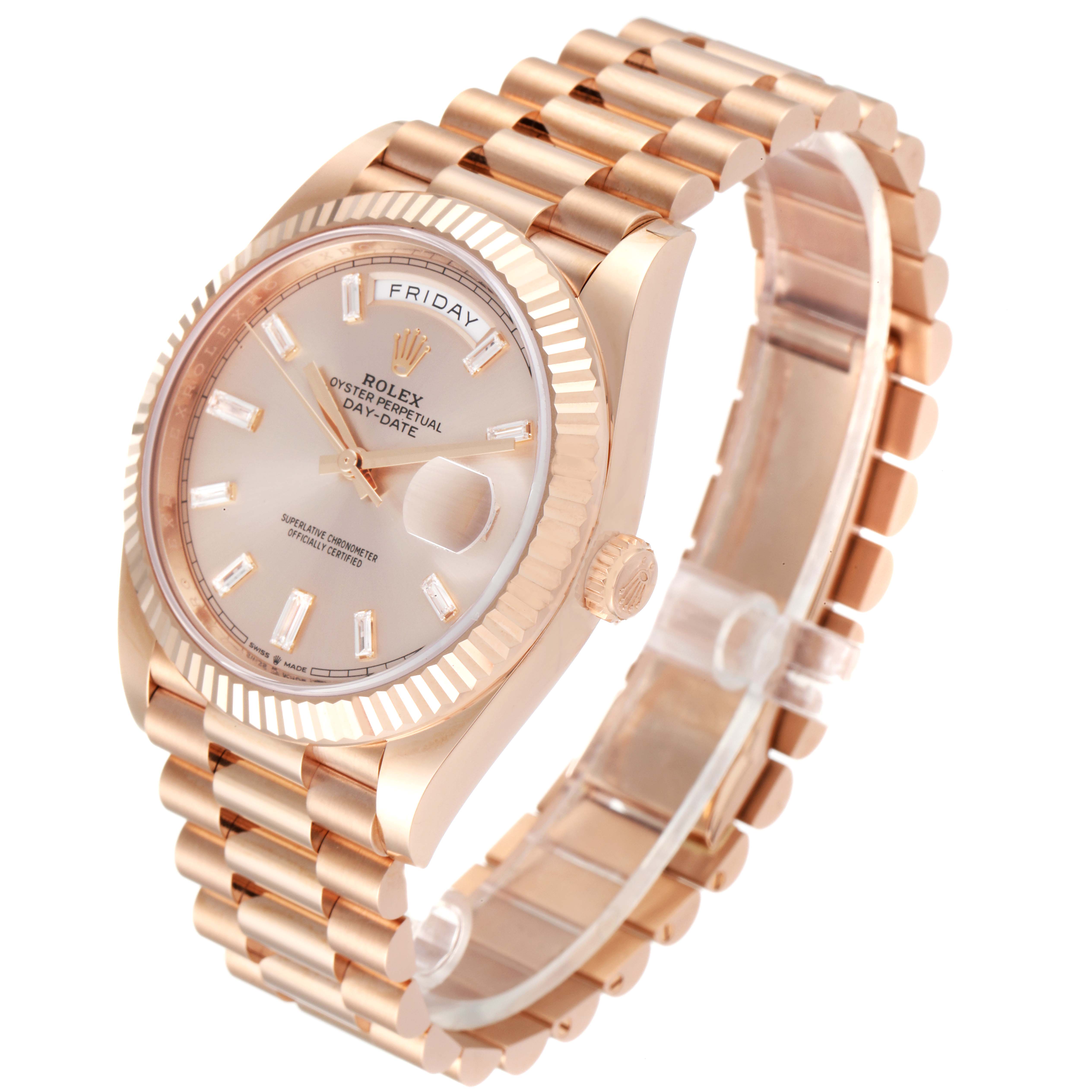 The image shows a Rolex President 228235 Men's Rose Gold Pink Dial 228235 Men's Rose Gold Pink Dial model watch at a front-left angle, highlighting the dial, bracelet, bezel, and crown.