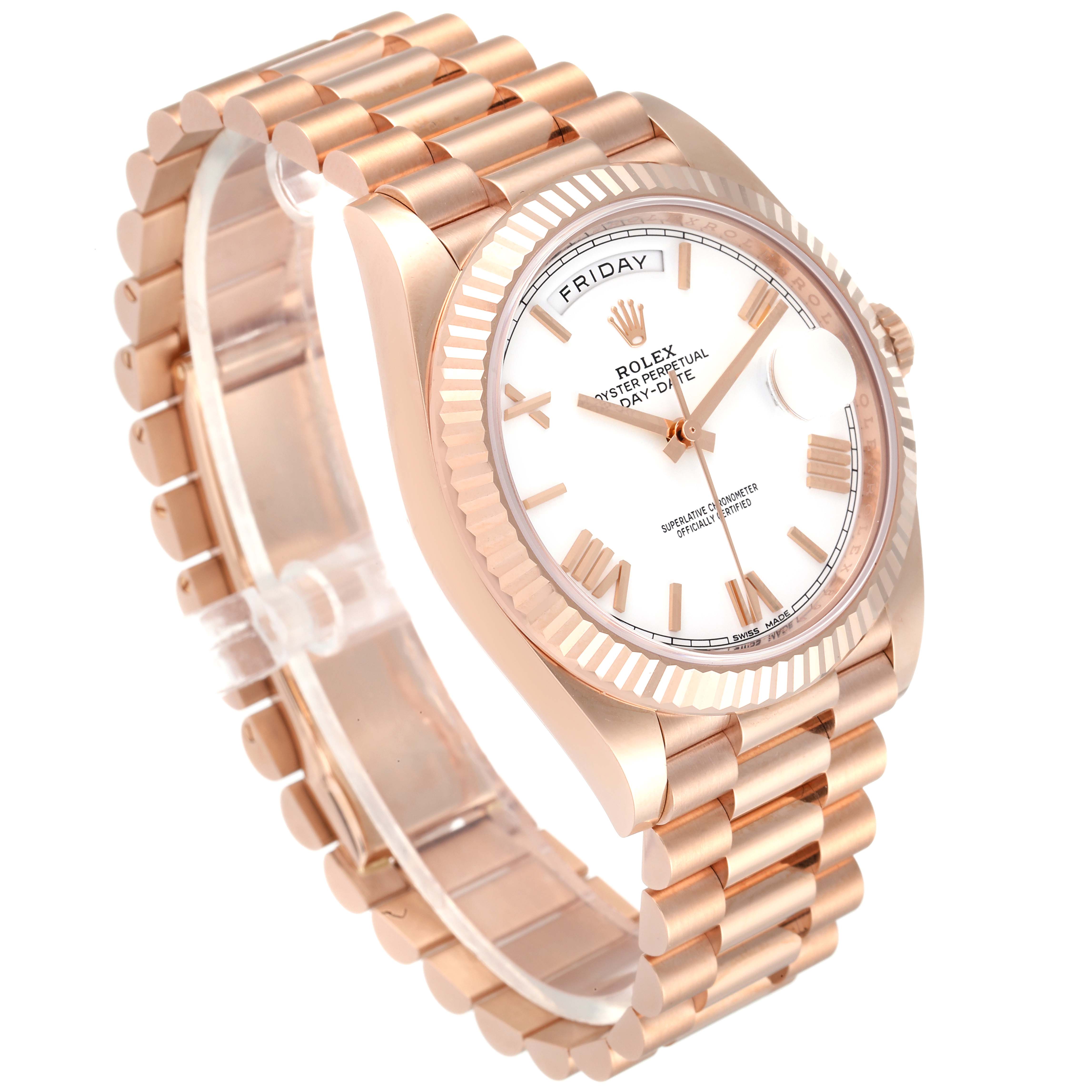 The image shows a Rolex President 228235 Men's Rose Gold White Dial 228235 Men's Rose Gold White Dial model watch, highlighting the face, bracelet, and bezel at a slightly angled view.