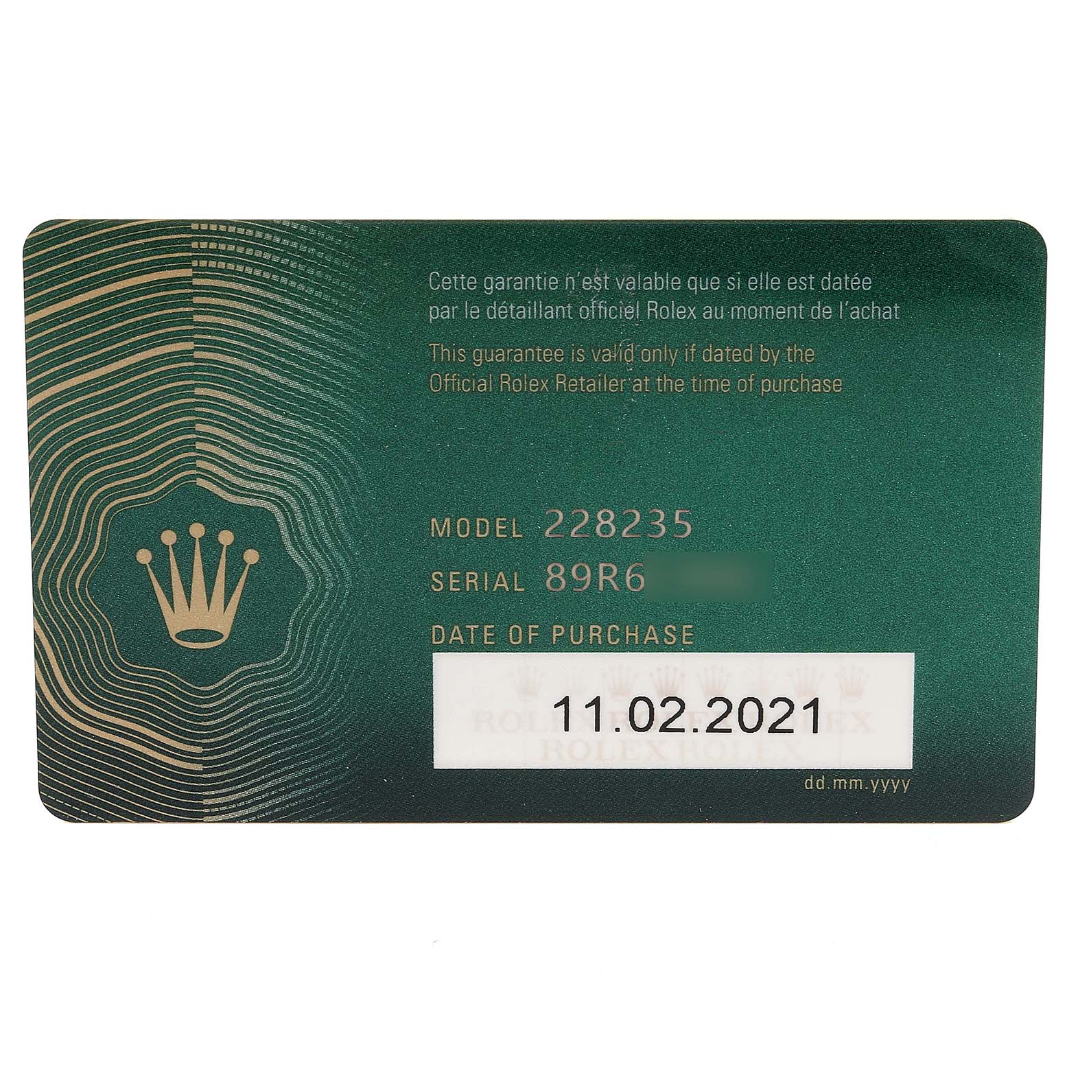 The image shows a green guarantee card for the Rolex President 228235 Men's Rose Gold White Dial 228235 Men's Rose Gold White Dial model 228235, with purchase date 11.02.2021.