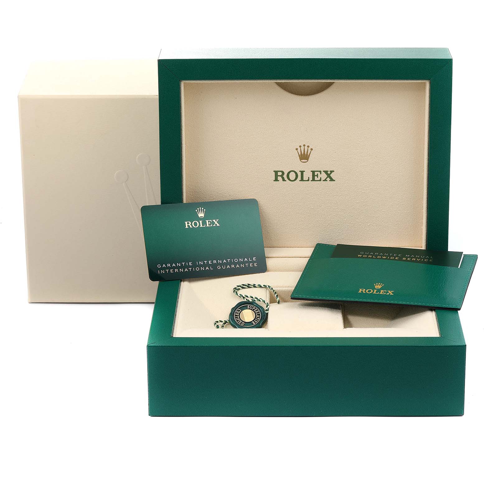 The image shows the packaging and accessories for a Rolex President 228235 Men's Rose Gold White Dial 228235 Men's Rose Gold White Dial model, including the box, tags, and guarantee card.