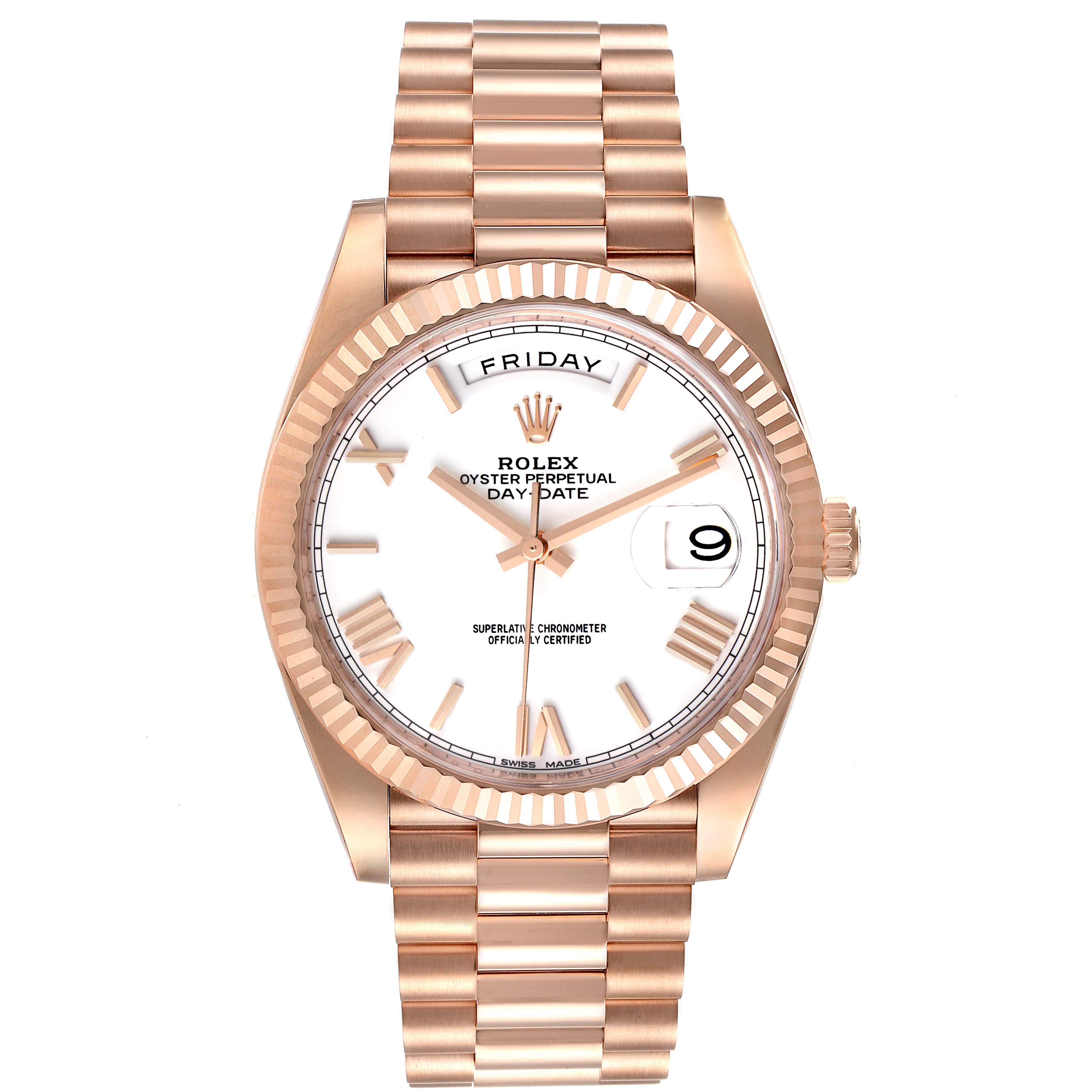 The Rolex President 228235 Men's Rose Gold White Dial 228235 Men's Rose Gold White Dial model watch is shown facing forward, displaying the dial, bracelet, crown, and day/date windows.