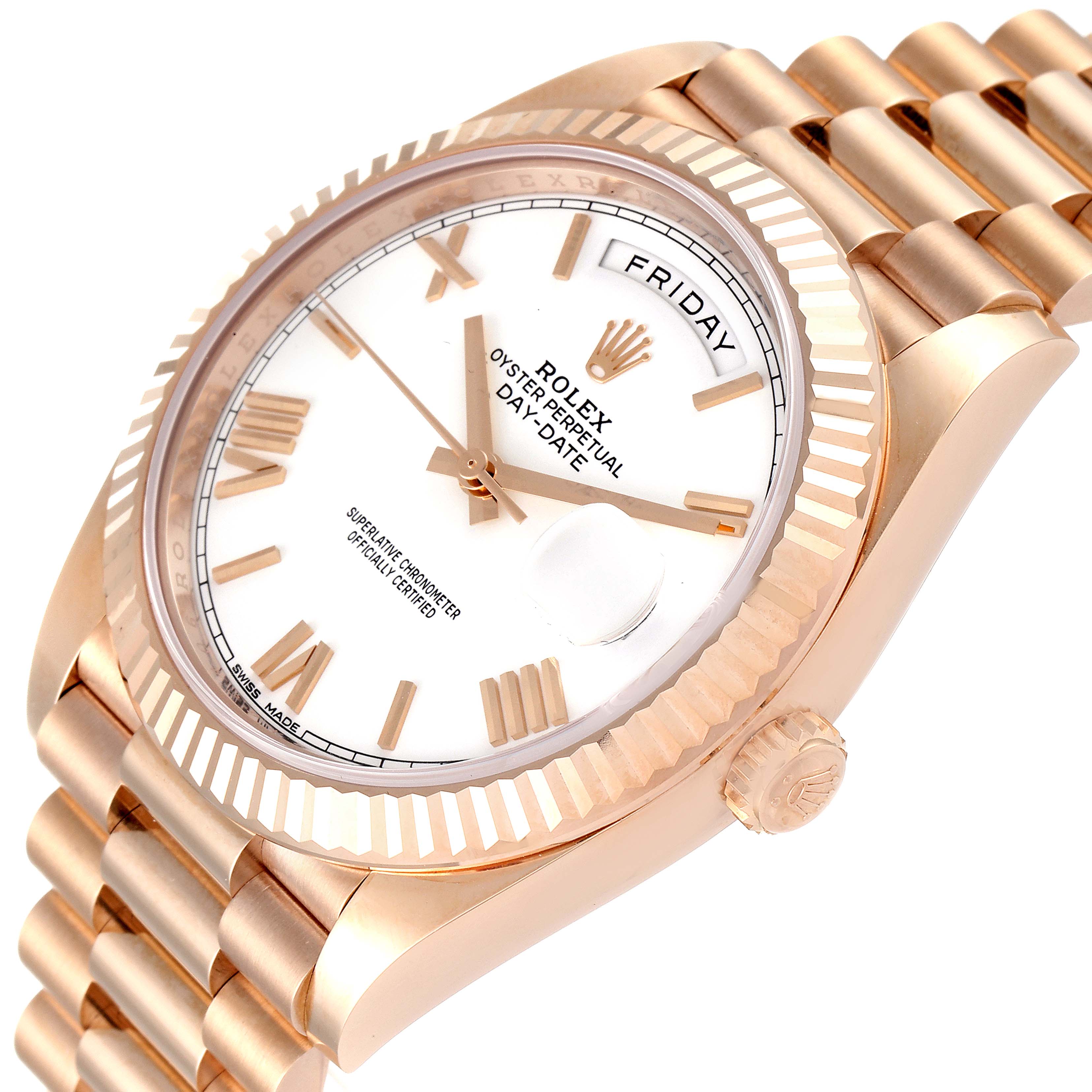 The image shows a close-up, angled view of a Rolex President 228235 Men's Rose Gold White Dial 228235 Men's Rose Gold White Dial model watch, displaying the dial, bezel, crown, and part of the bracelet.