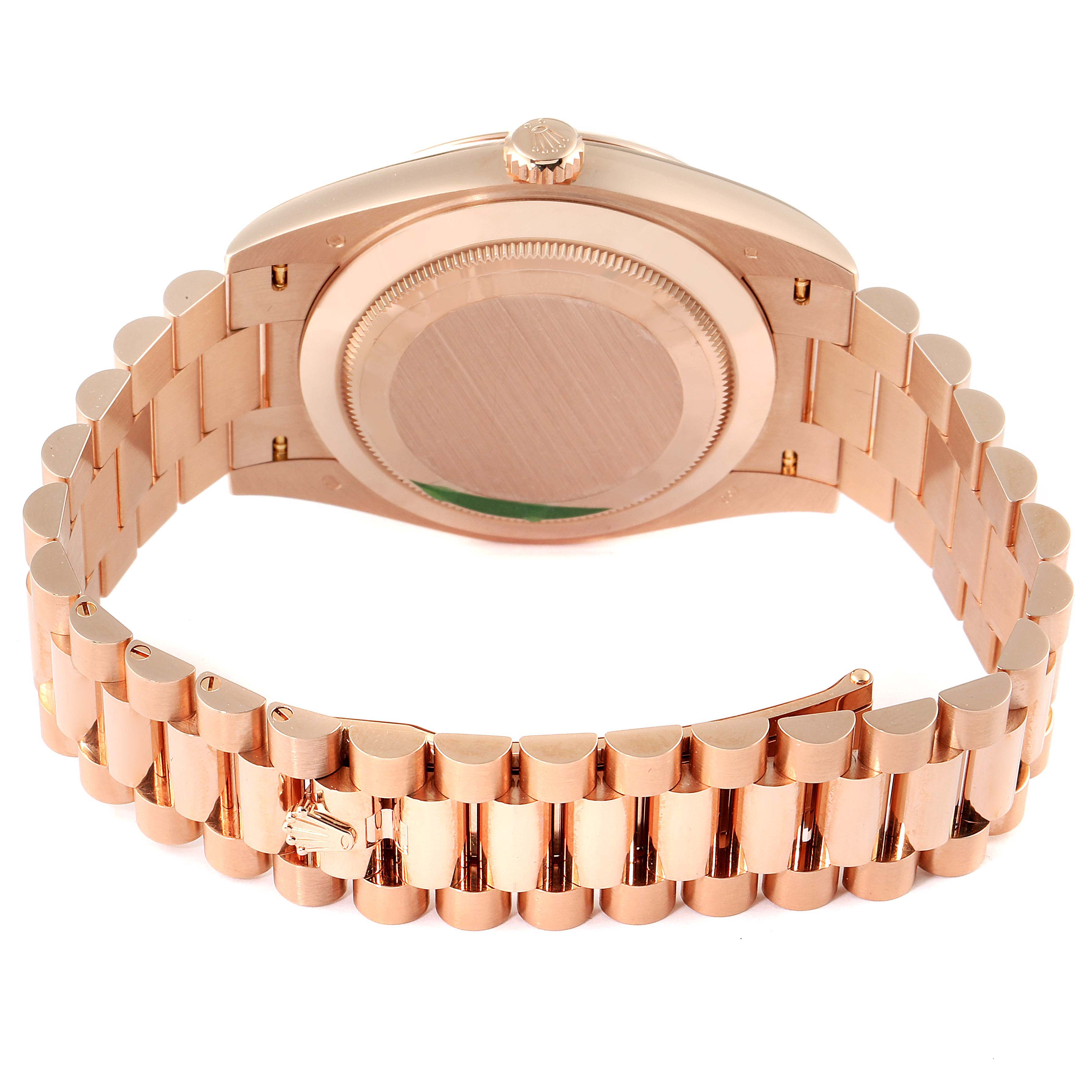 The image shows the back and bracelet of a Rolex President 228235 Men's Rose Gold White Dial 228235 Men's Rose Gold White Dial model watch from a rear angle.