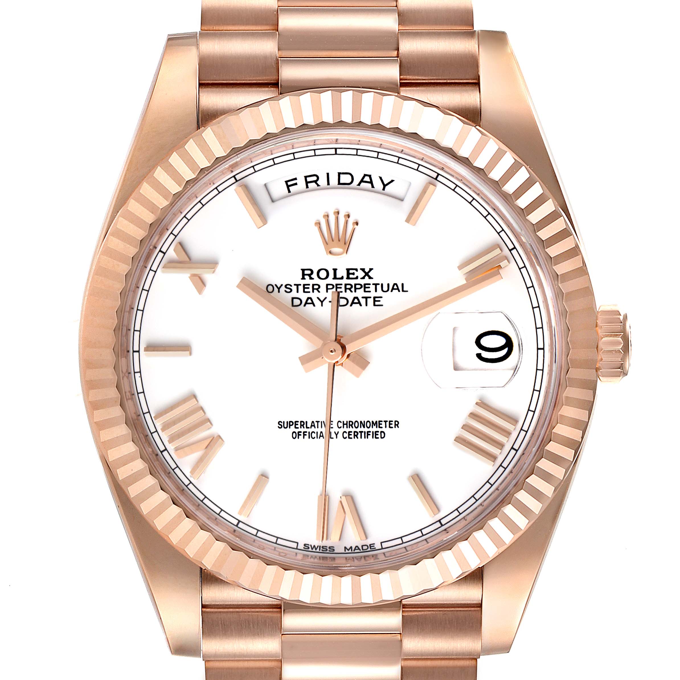 The image shows a frontal view of the Rolex President 228235 Men's Rose Gold White Dial 228235 Men's Rose Gold White Dial Oyster Perpetual Day-Date watch, highlighting its dial, bezel, and part of the bracelet.