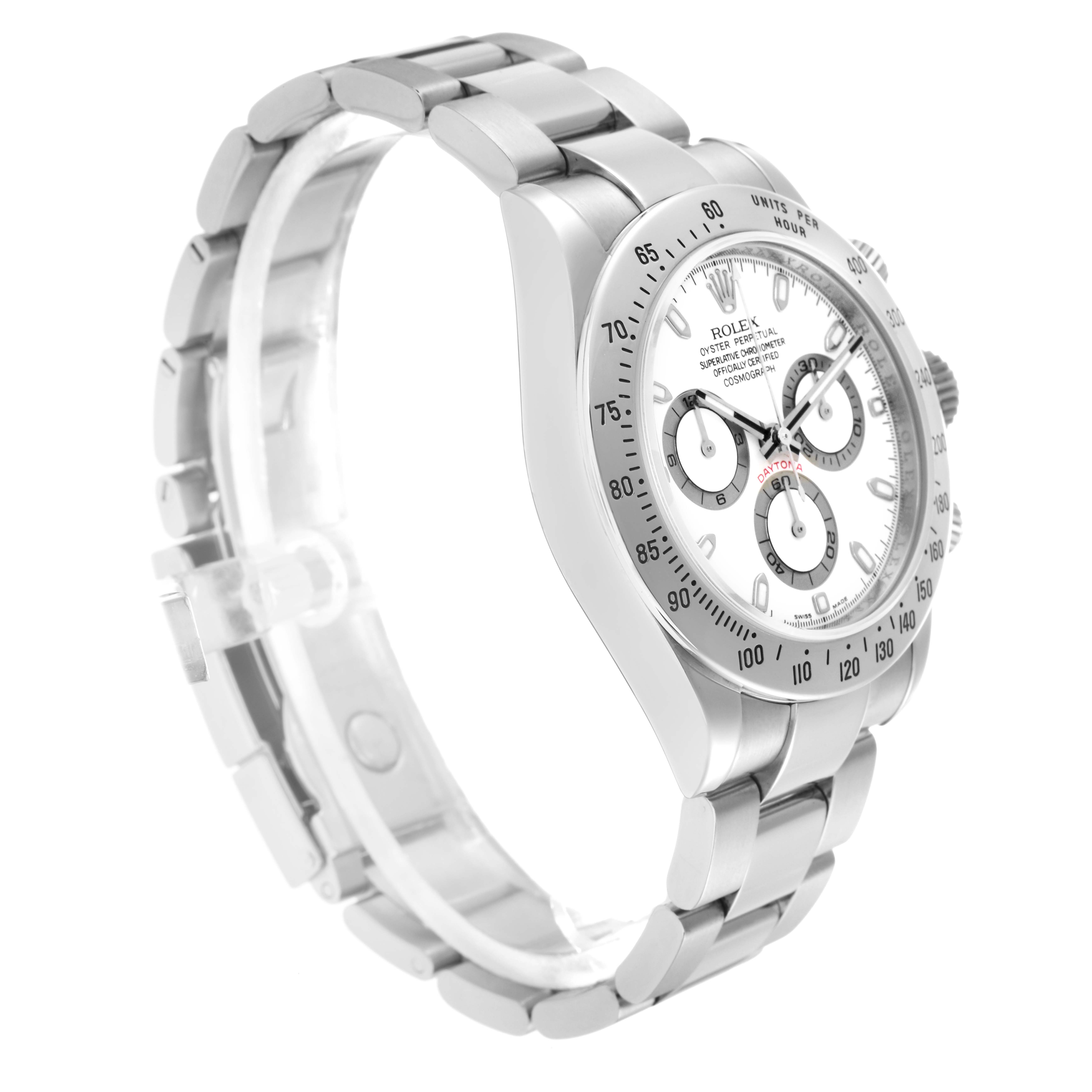 The Rolex Daytona 116520 Men
s Stainless Steel White Dial 116520 Men
s Stainless Steel White Dial watch is shown at a three-quarter angle, highlighting the dial, bezel, and bracelet.